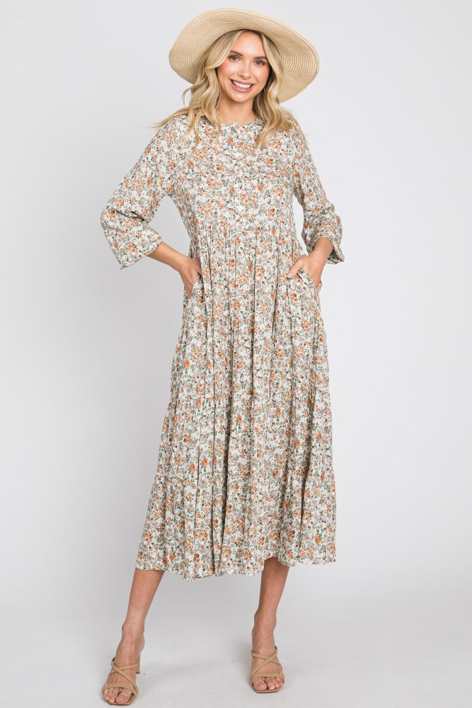 Beige Floral Button Front Long Sleeve Tiered Maternity Midi Dress for Pregnancy - Comfortable & Stylish Outfit for Baby Showers, Maternity Photos & Special Occasions