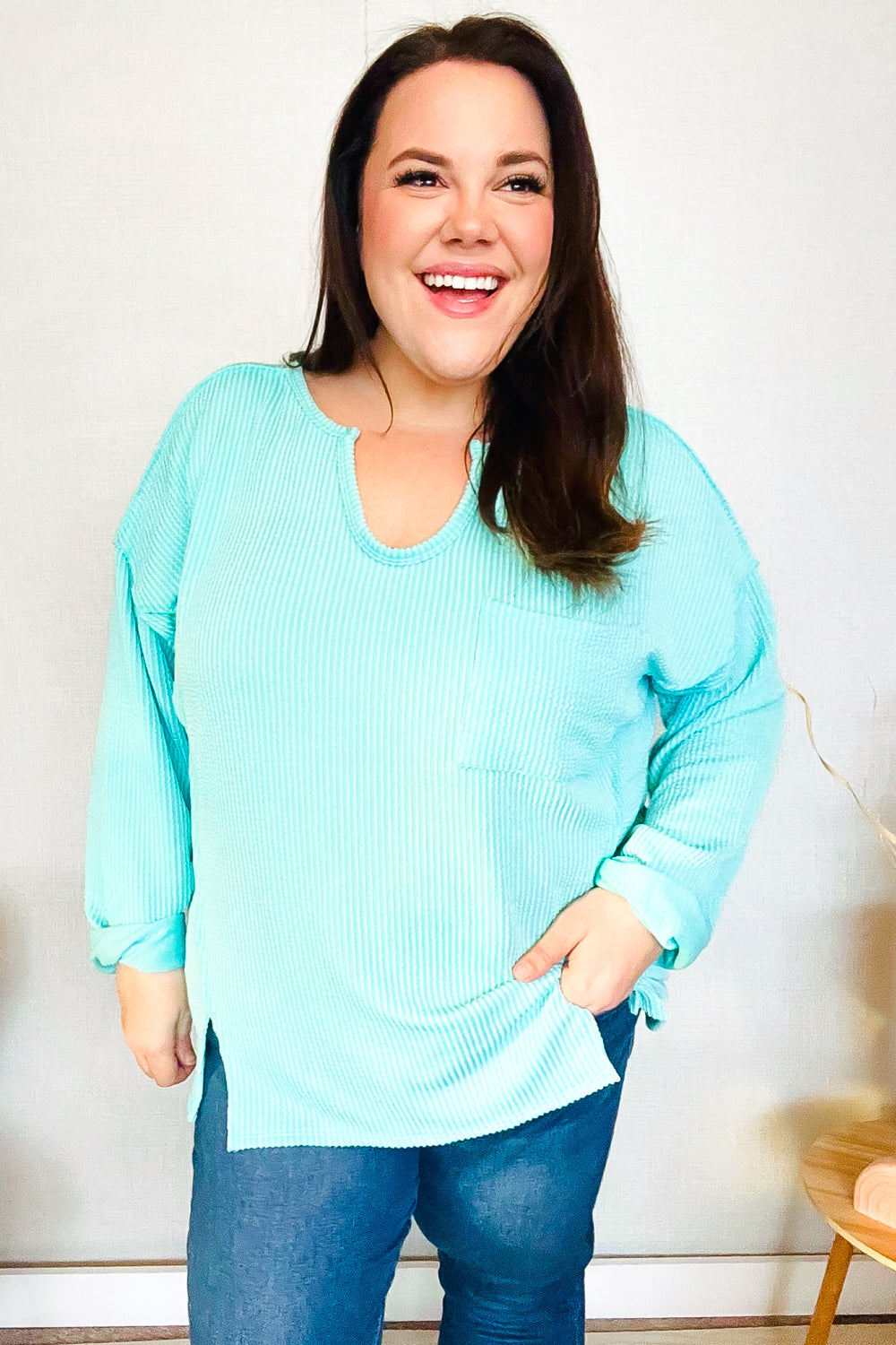 Eyes On You Seafoam Green Mineral Wash Ribbed Notch Neck Pocket T-Shirt | Casual Women's Top for Summer Outfits & Beach Wear