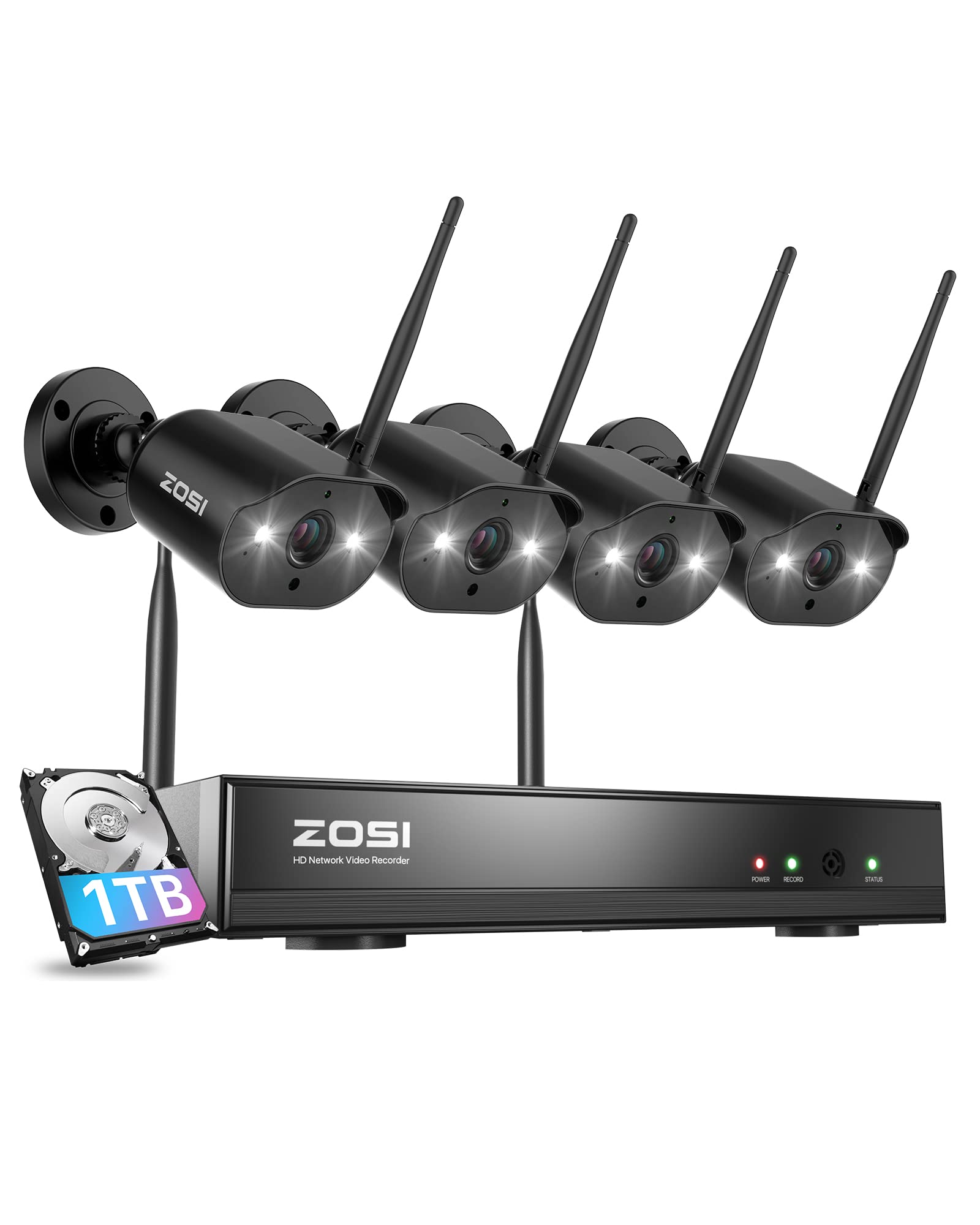 ZOSI 8CH 2K Wireless Security Camera System with 4 x 3MP WiFi IP Cameras - Outdoor/Indoor Use, Color Night Vision, Spotlight, 2-Way Audio, Alarm & 1TB HDD for 24/7 Recording - Ideal for Home Security, Business Surveillance & Property Monitoring