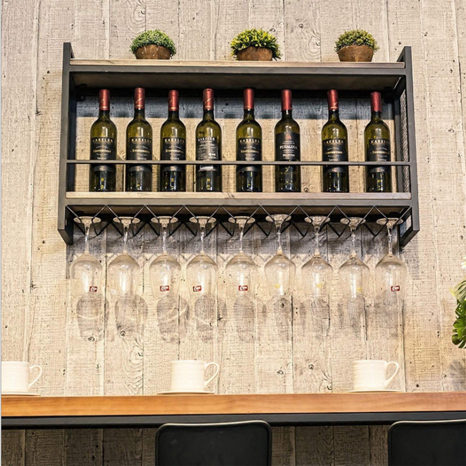 Stainless Steel Wall Mounted Wine Rack with Stemware Holder - 2-Tier Hanging Wine Bottle Organizer for Kitchen, Living Room & Home Decor (80x20x55cm) - Perfect for Small Spaces & Entertaining Guests