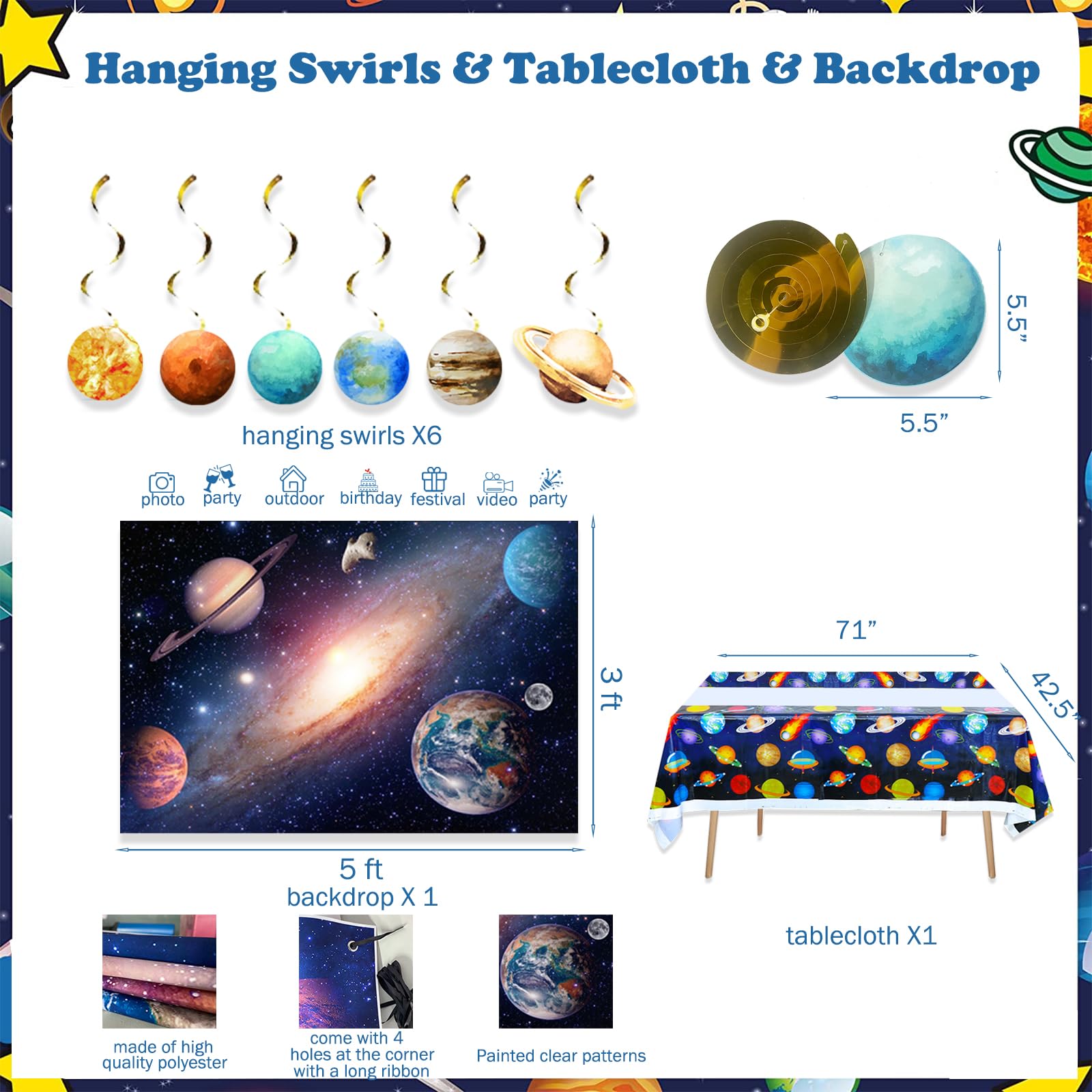 Outer Space Galaxy Birthday Party Decorations Set - Backdrop, Balloon Garland, Hanging Swirl Banner, Tablecloth & Cake Topper | Solar System Theme with Planets, Astronaut & Rocket | Perfect for Kids' Space-Themed Birthday Parties, Baby Showers & Classroom Decor