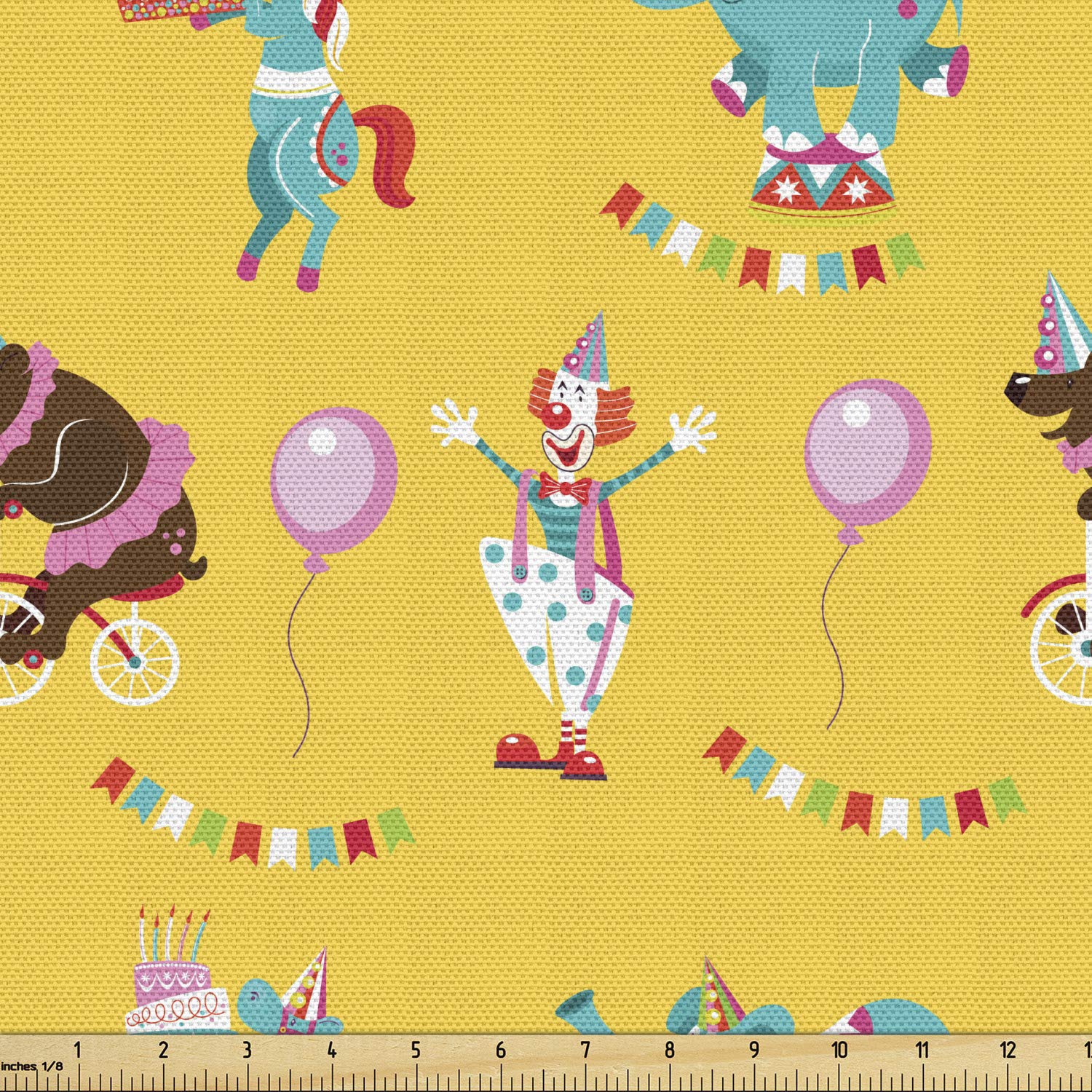 Ambesonne Clown Fabric by The Yard - Birthday Party Themed Cotton Fabric with Balloons, Flags & Circus Animals Print - 10 Yards Mustard Multicolor Upholstery Fabric for Sofa, Curtains & Home Decor | Perfect for Circus-Themed Parties, Kids Room & DIY Crafts