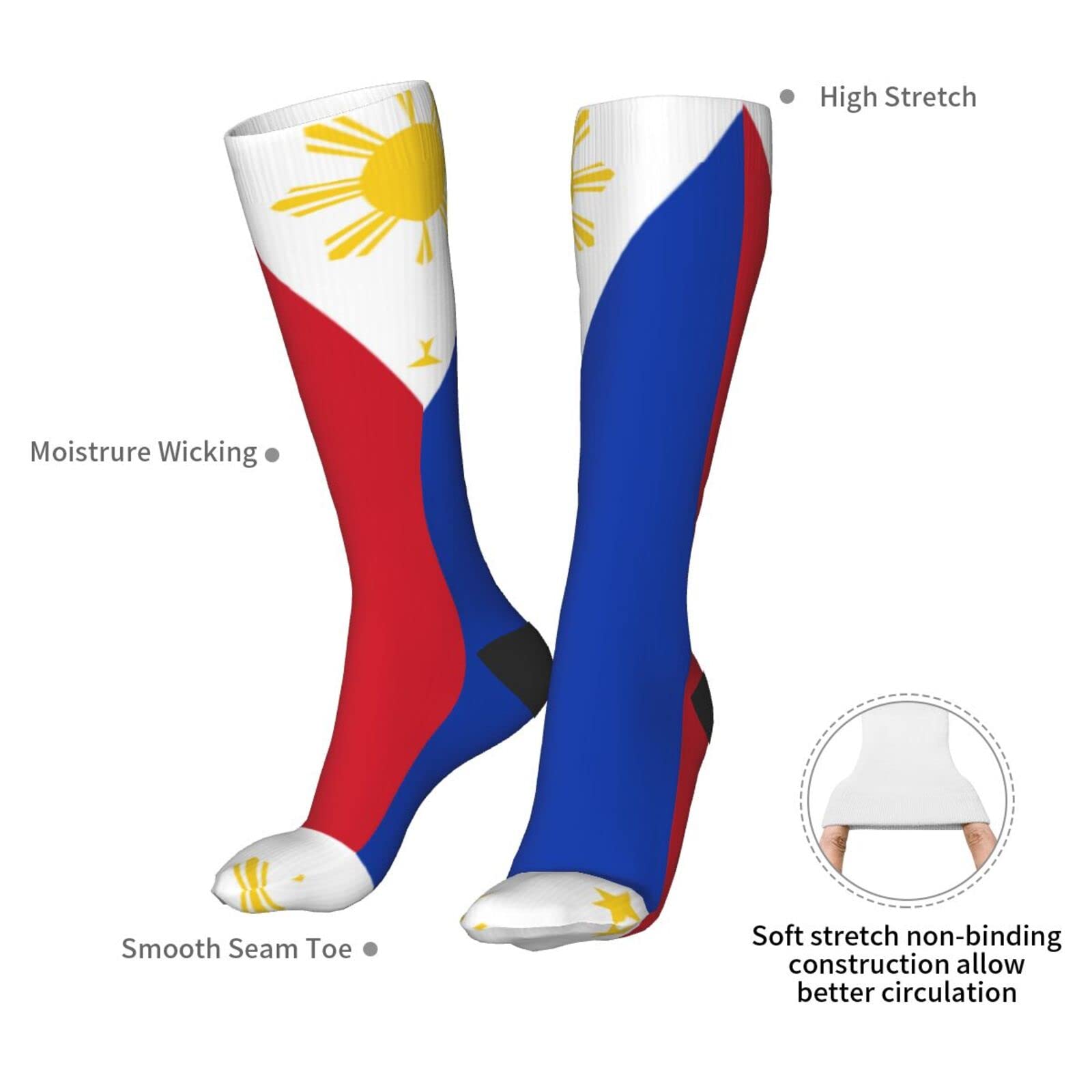 Philippines Flag Knee High Socks - Long Tube Sports Socks for Women & Men | Patriotic Athletic Socks for Running, Hiking & National Pride