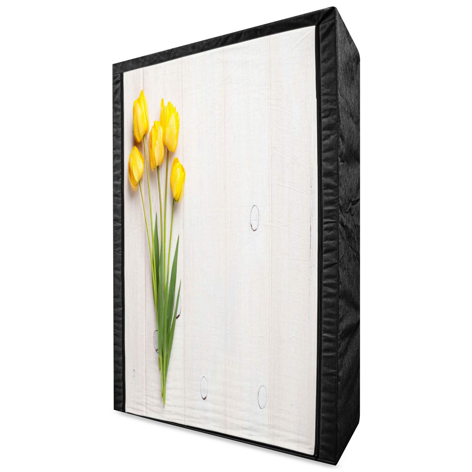 Ambesonne Yellow Portable Fabric Wardrobe with Colorful Tulips Design - 42.5 Inch Rustic Wooden Board Spring-Themed Clothing Organizer & Storage Closet with Shelves | Perfect for Bedroom, Closet Organization, Dorm Room, and Seasonal Clothing Storage (Yellow, White, Lime Green)