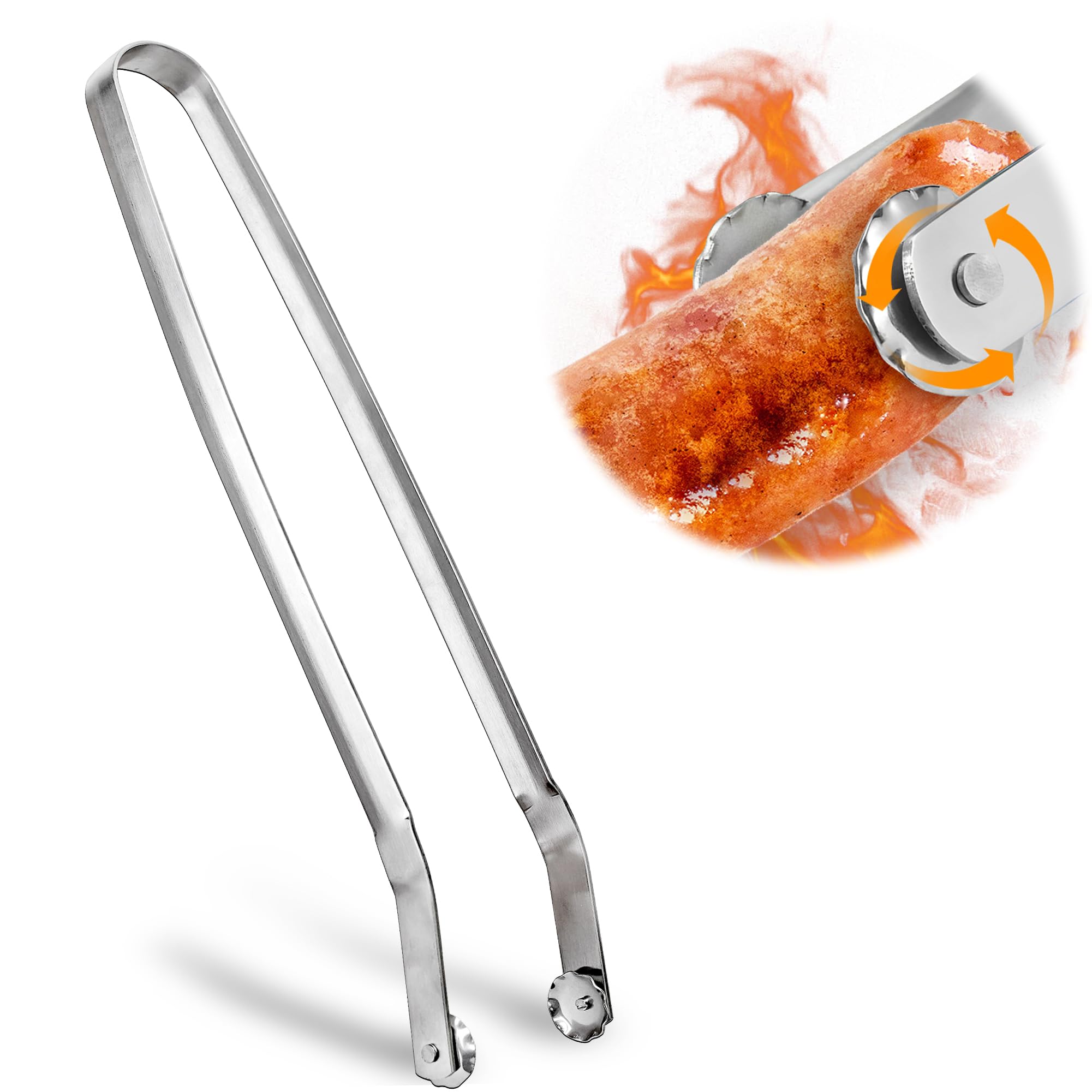 Premium Stainless Steel BBQ Tongs with Wheels - 40cm Professional Grilling Utensil for Outdoor Cooking, Buffets & Picnics - Perfect for Handling Sausages, Steak, Vegetables & Fruits - Essential for Backyard BBQs, Camping & Tailgating Parties