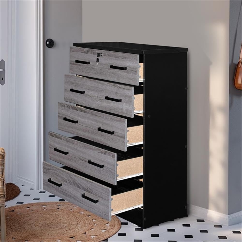 Better Home Products Cindy 5-Drawer Wooden Dresser with Lock - Ebony Finish for Bedroom Storage & Organization