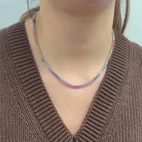 14K Gold Rainbow Multi-Color Square Sapphire Tennis Necklace (14.50ct) - 4 Prong Setting for Women, Bridal Jewelry & Special Occasions