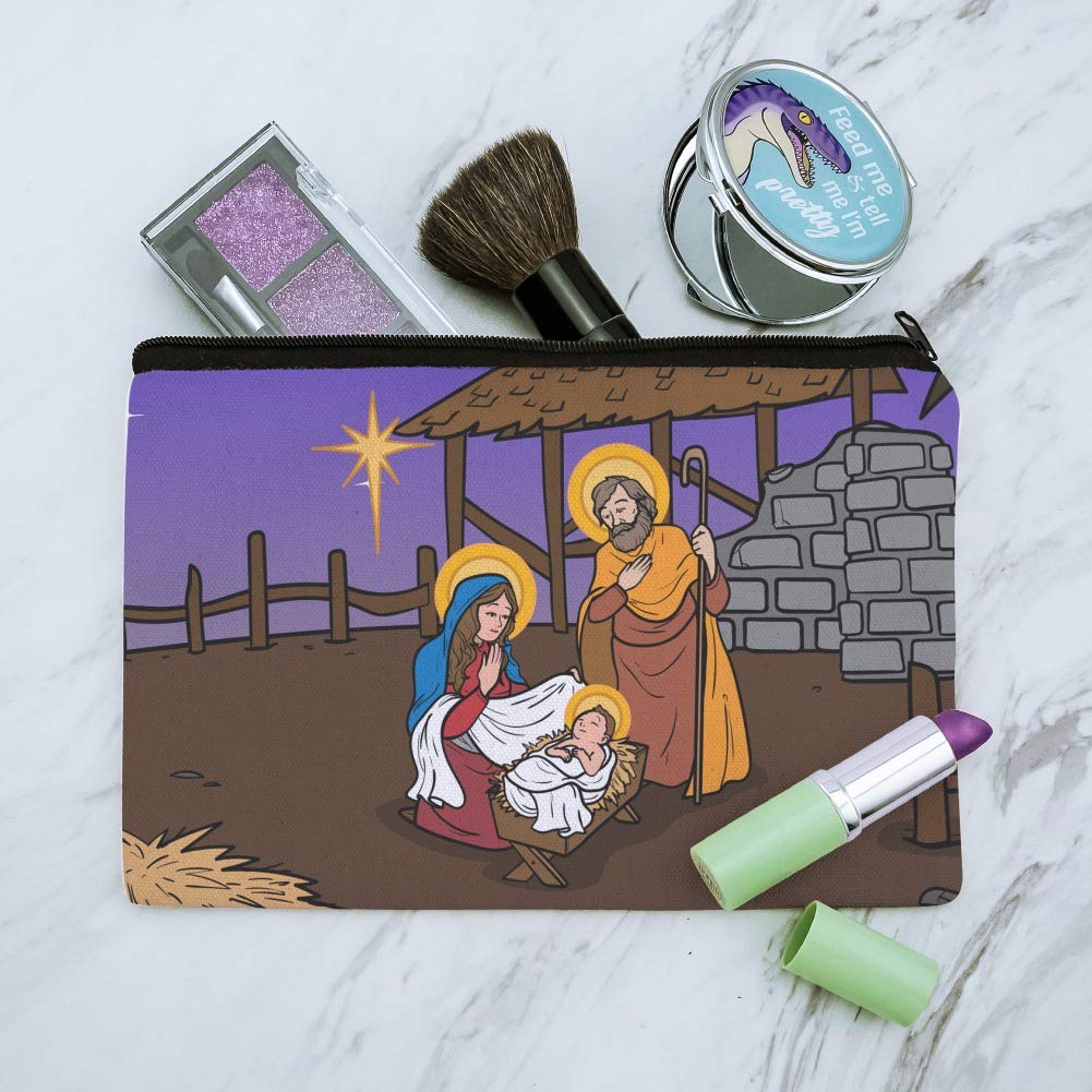 Nativity Scene Makeup Bag - Baby Jesus, Mary & Joseph Christmas Cosmetic Pouch for Christian Bible Study & Holiday Travel