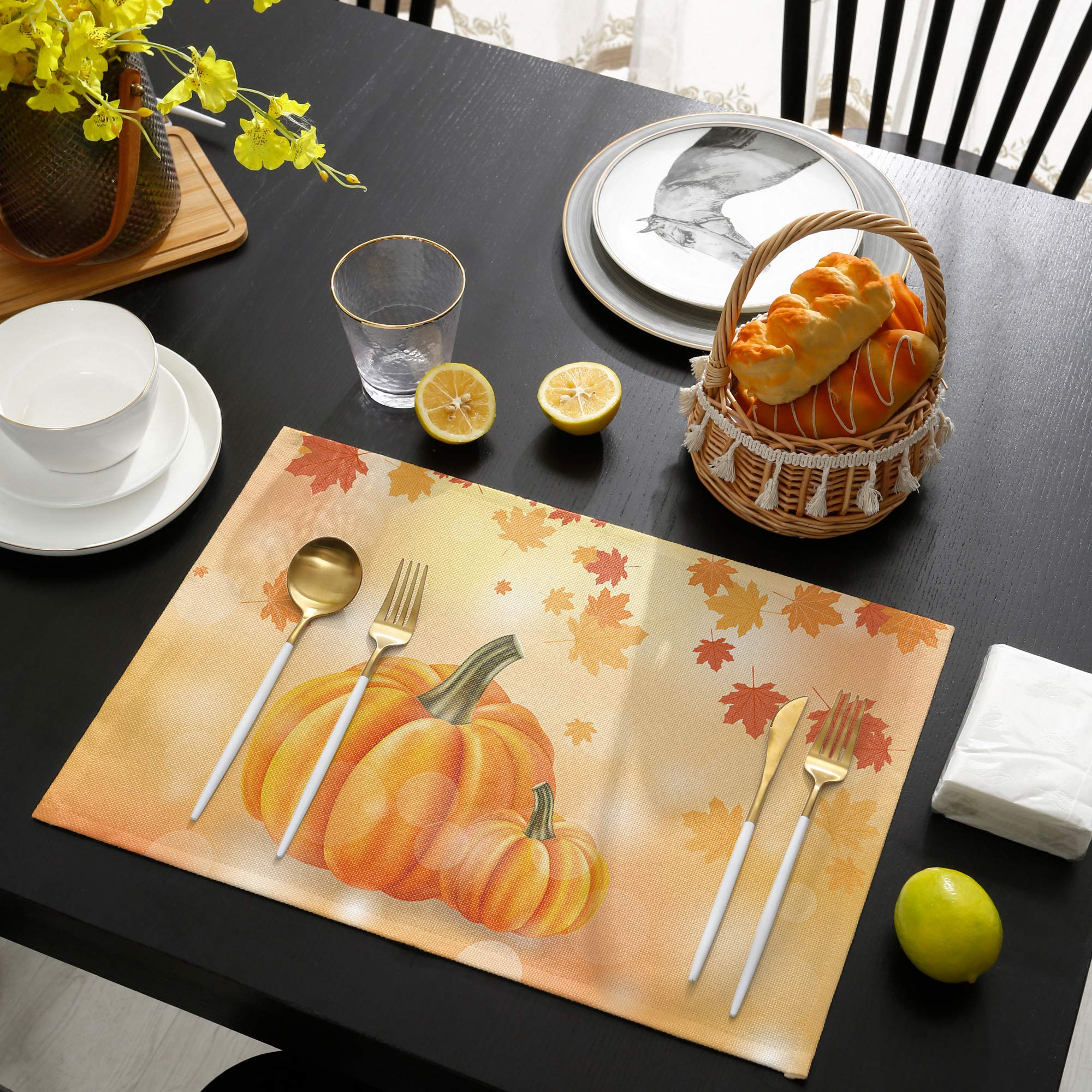 Thanksgiving Placemats Set of 4 - Maple Leaf Pumpkin Autumn Fall Table Mats for Dining, Washable & Durable for Indoor Outdoor Use - Perfect for Holiday Decor, Home Parties, Weddings & Thanksgiving Gatherings