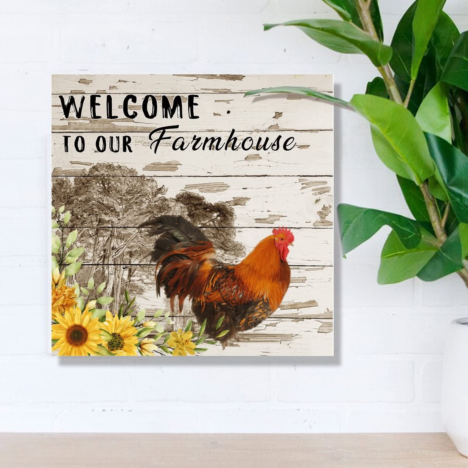 Distressed Wood Welcome Sign - Rustic Farmhouse Decor for Chicken Coop, Home, Office & School - 12x12 Inch Farmhouse Plaque with Rooster Design - Perfect for Country Kitchen, Porch, or Barn Wall Decor