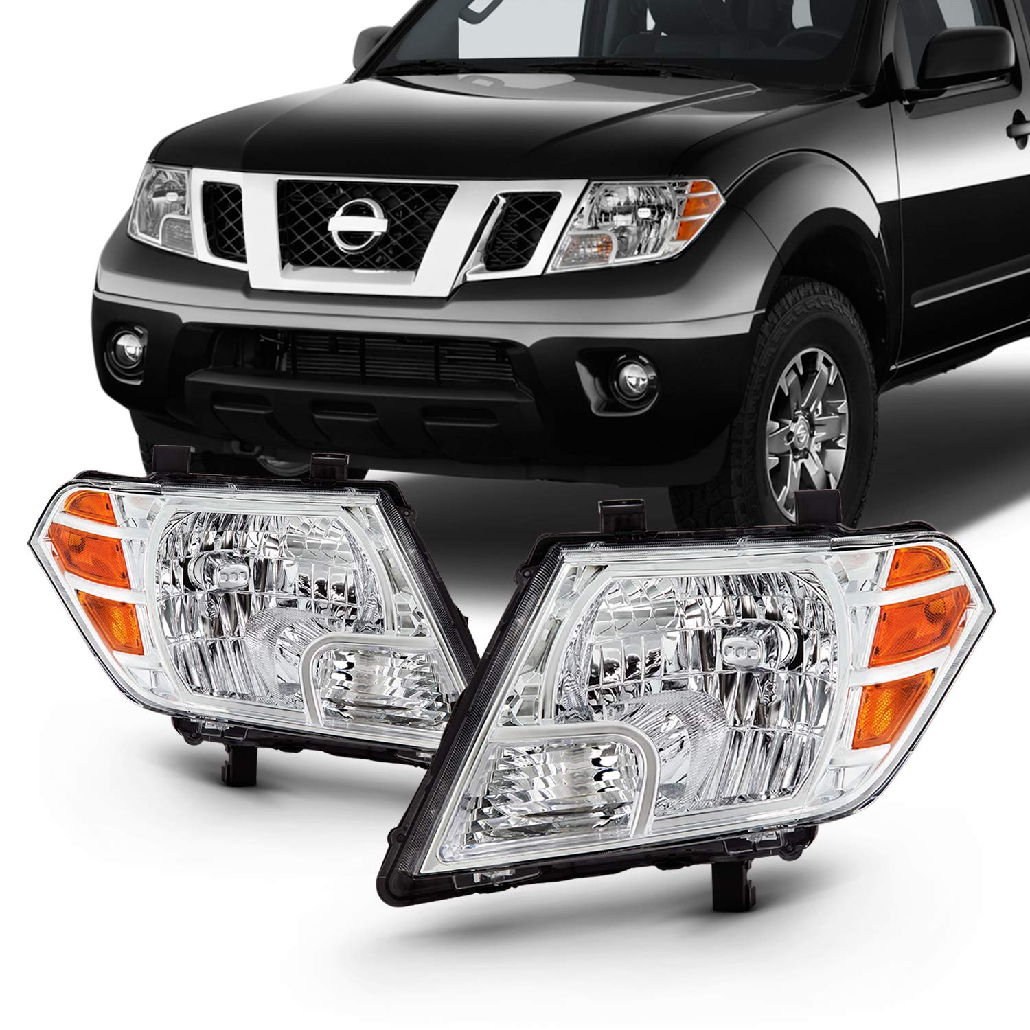 AKKON Chrome Headlights with Amber Signal - Pair for 2009-2021 Nissan Frontier Extended Crew Cab (Halogen Style) | Durable Replacement Headlights for Night Driving & Off-Road Adventures