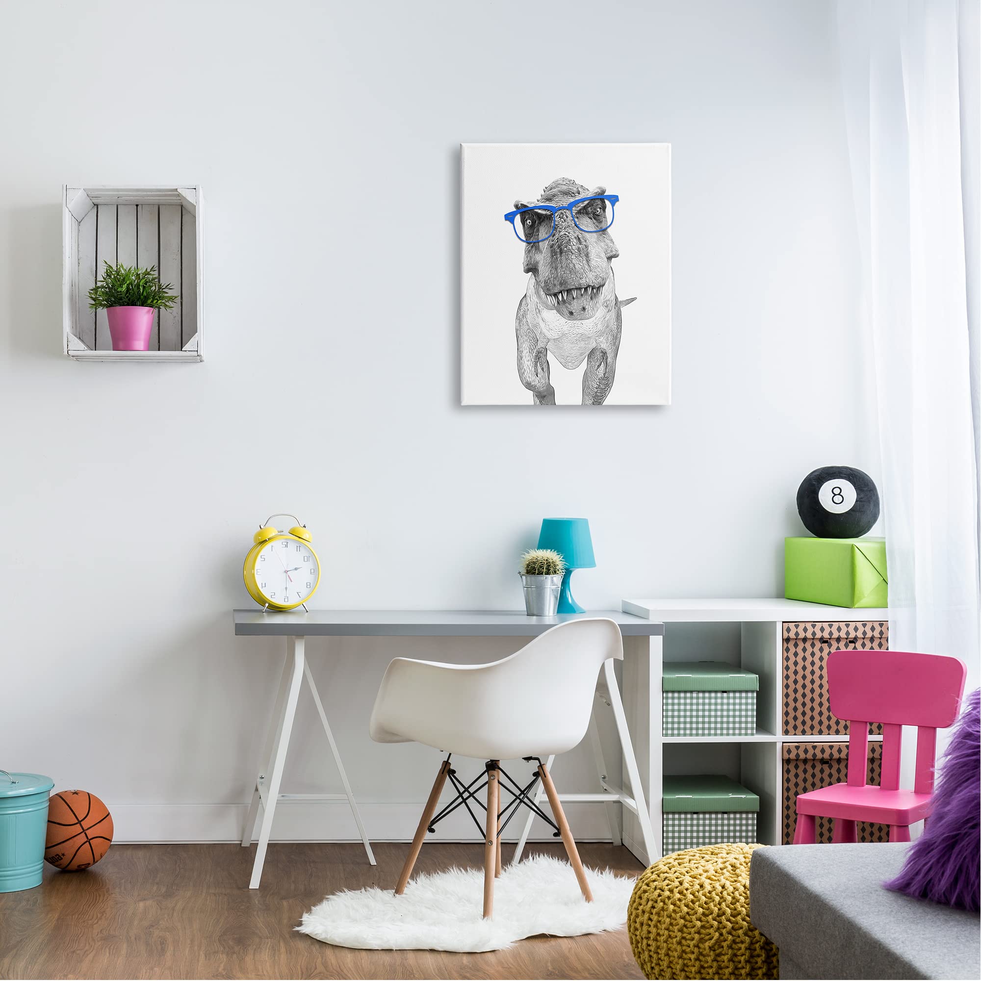 Stupell Industries Adorable Monochrome T-Rex Dinosaur Blue Glasses Illustration - Modern Dino Art Print by Annalisa Latella - Perfect for Kids Room Decor, Nursery Wall Art & Dinosaur Themed Gifts