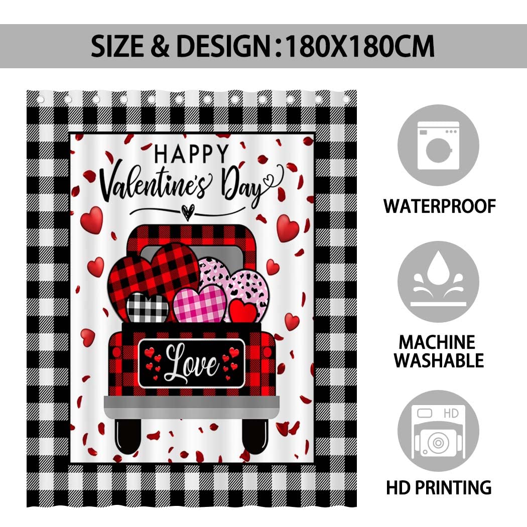 Valentine's Day Buffalo Check Plaid Shower Curtain - Farmhouse Love Truck Design with Red Hearts - Waterproof Bathroom Decor for Bathtub - 72