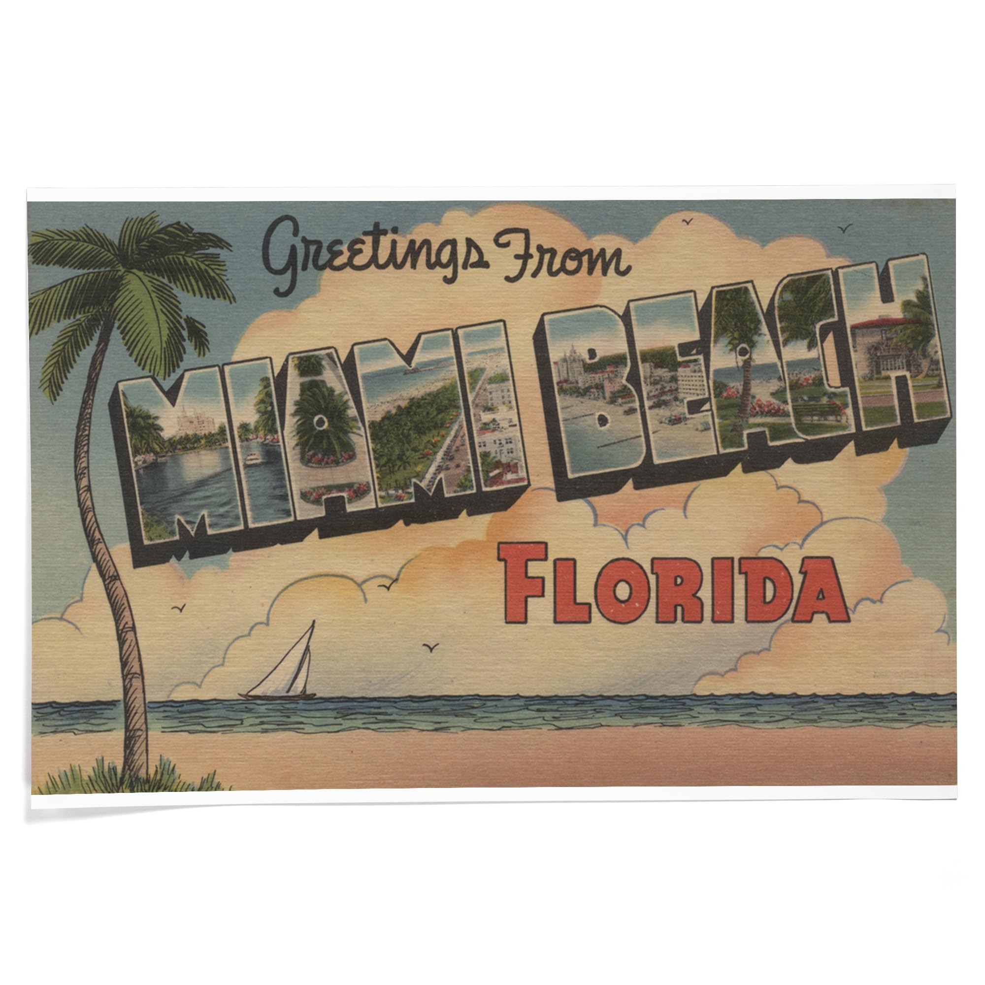 Lantern Press 24x36 Inch Giclee Art Print - Miami Beach Florida Wall Decor - Large Letter Scenes - Perfect for Living Room, Bedroom & Office Decor