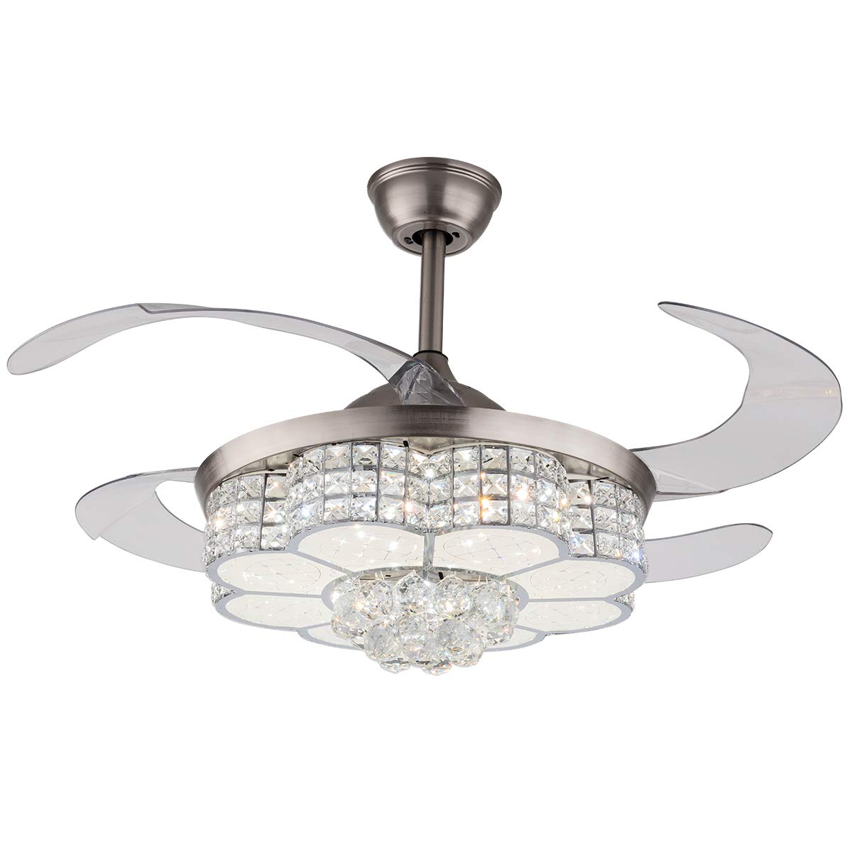 42 Inch Crystal Chandelier Ceiling Light with LED & Retractable Fan Blades - Modern Silver Acrylic Ceiling Lamp for Living Room, Dining Room, Hallway | Perfect for Home Decor, Wedding Venues & Luxury Spaces