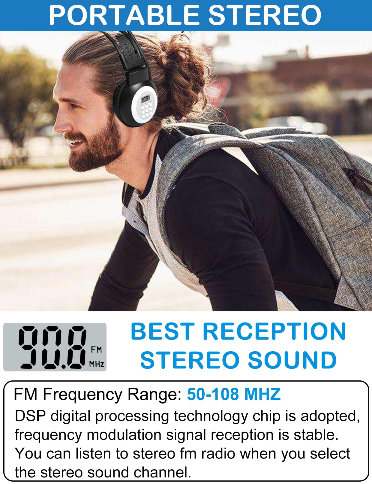 ZHIWHIS FM Portable Radio with LCD Display - Stereo Over-Ear Foldable Headphones, Wireless/Wired Walkman for Walking, Running, and Conference Use - Operated by 2 AA Batteries (Model ZWS-308) | Perfect for Outdoor Activities, Commuting, and Office Meetings