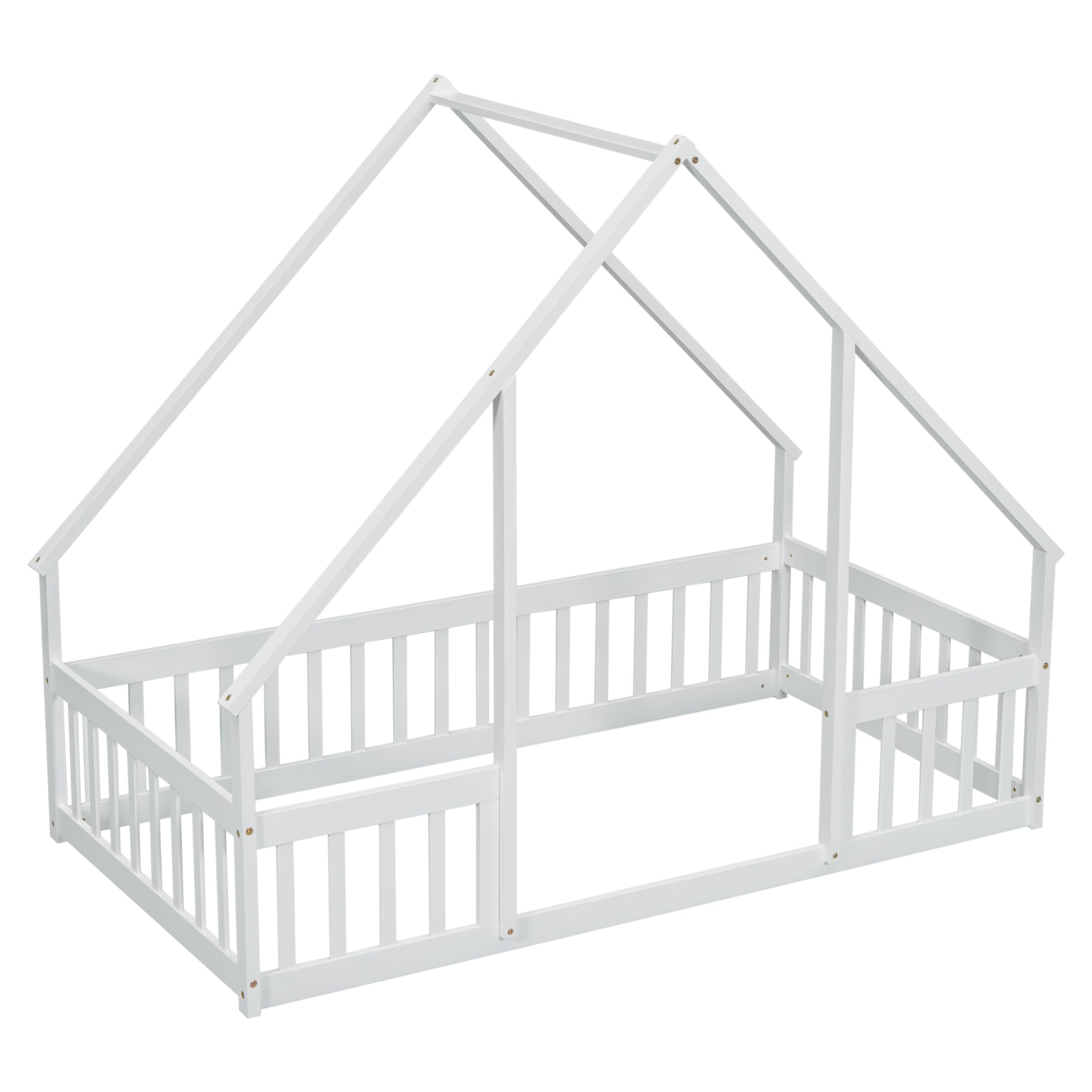 Montessori Twin Size House Bed for Kids - Wooden Floor Bed with Safety Fence Rails - White Bed Frame for Girls, Boys & Teens - Perfect for Playrooms, Bedrooms & Montessori Learning Spaces