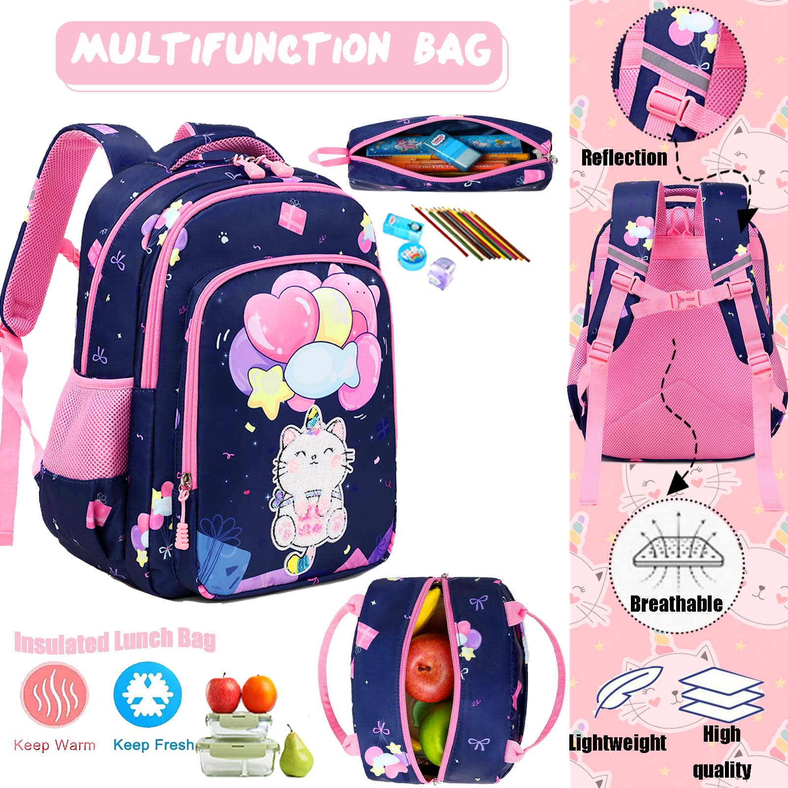 Unicorn Cat Print Backpack for Girls - Lightweight Water Resistant School Backpack with Lunch Box | Cute Elementary Bookbag for Kids, Travel & Daily Use