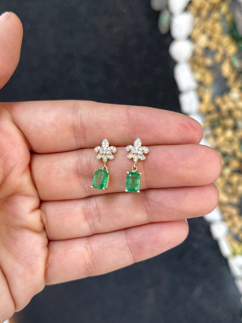 2.55ctw 14K Gold Natural Medium Yellowish Green Emerald & Diamond Fleur De Lis Dangle Earrings for Women - Elegant Jewelry Gift for Brides, Weddings & Special Occasions