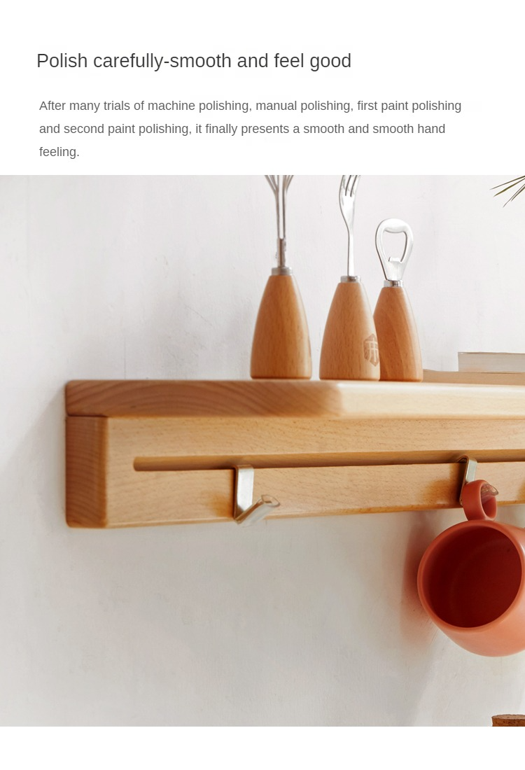 Solid Beech Wood Wall Shelf with Hooks - Rustic Floating Shelf for Kitchen, Bathroom, or Living Room Storage & Decor