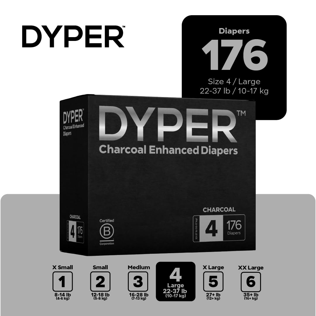DYPER Charcoal Enhanced Diapers - Plant-Based & Hypoallergenic Baby Diapers for Sensitive Skin | Size 4 (176 Count) | Day & Overnight Protection | Eco-Friendly Disposable Diapers for Newborns & Toddlers | Perfect for Daycare, Travel & Nighttime Use