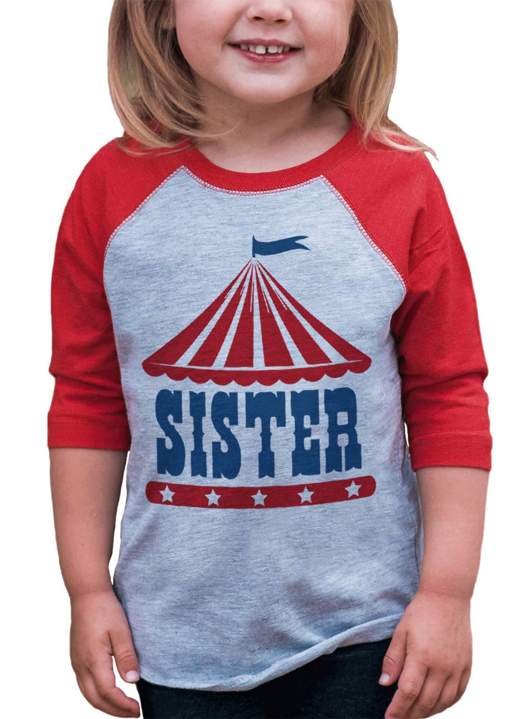 7 Ate 9 Apparel Girls Birthday Sister Circus Red Raglan T-Shirt - Fun Party Outfit for Kids Birthday Celebrations & Family Events