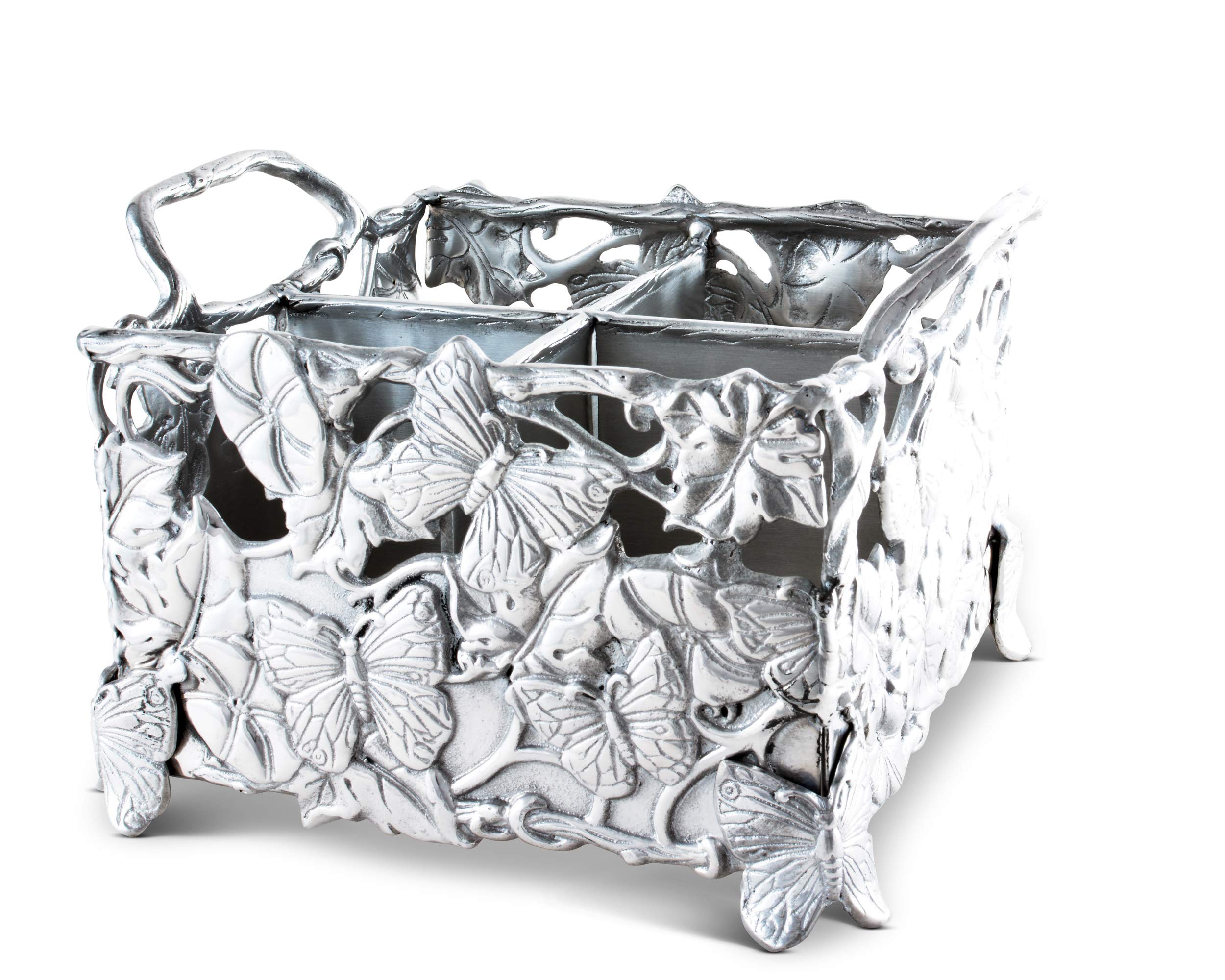 Arthur Court Designs Aluminum Metal Butterfly Silverware Holder - 8 Inch Square, 7 Inch Tall - Perfect for Dining Table, Kitchen Counter, and Party Serving Utensil Organizer