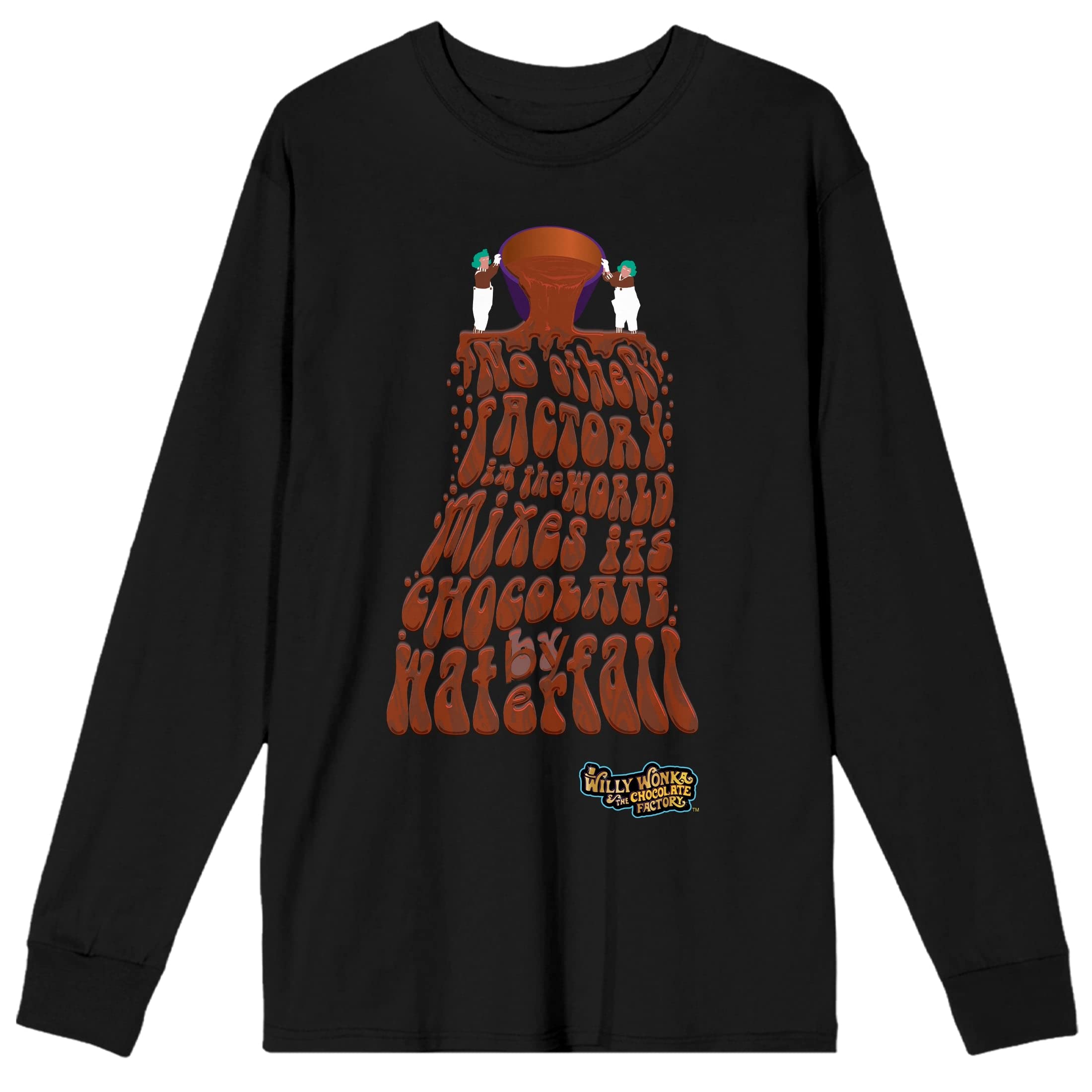Willy Wonka Chocolate Waterfall Print Men's Black Long Sleeve T-Shirt | Novelty Graphic Tee for Movie Fans & Candy Lovers | Perfect for Cosplay, Halloween & Geek Fashion