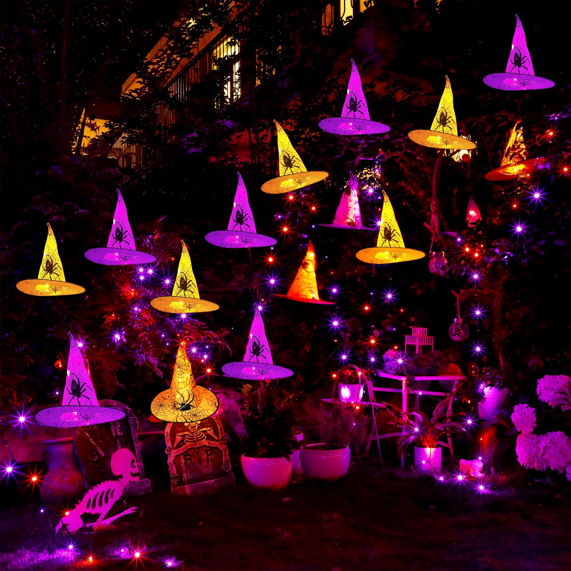 8 Pcs Halloween Witch Hat Decorations - Hanging Lighted Glowing Witch Hats with 8 Lighting Modes | Indoor Outdoor Yard & Tree Decor for Halloween Party, Home, Garden, and Porch