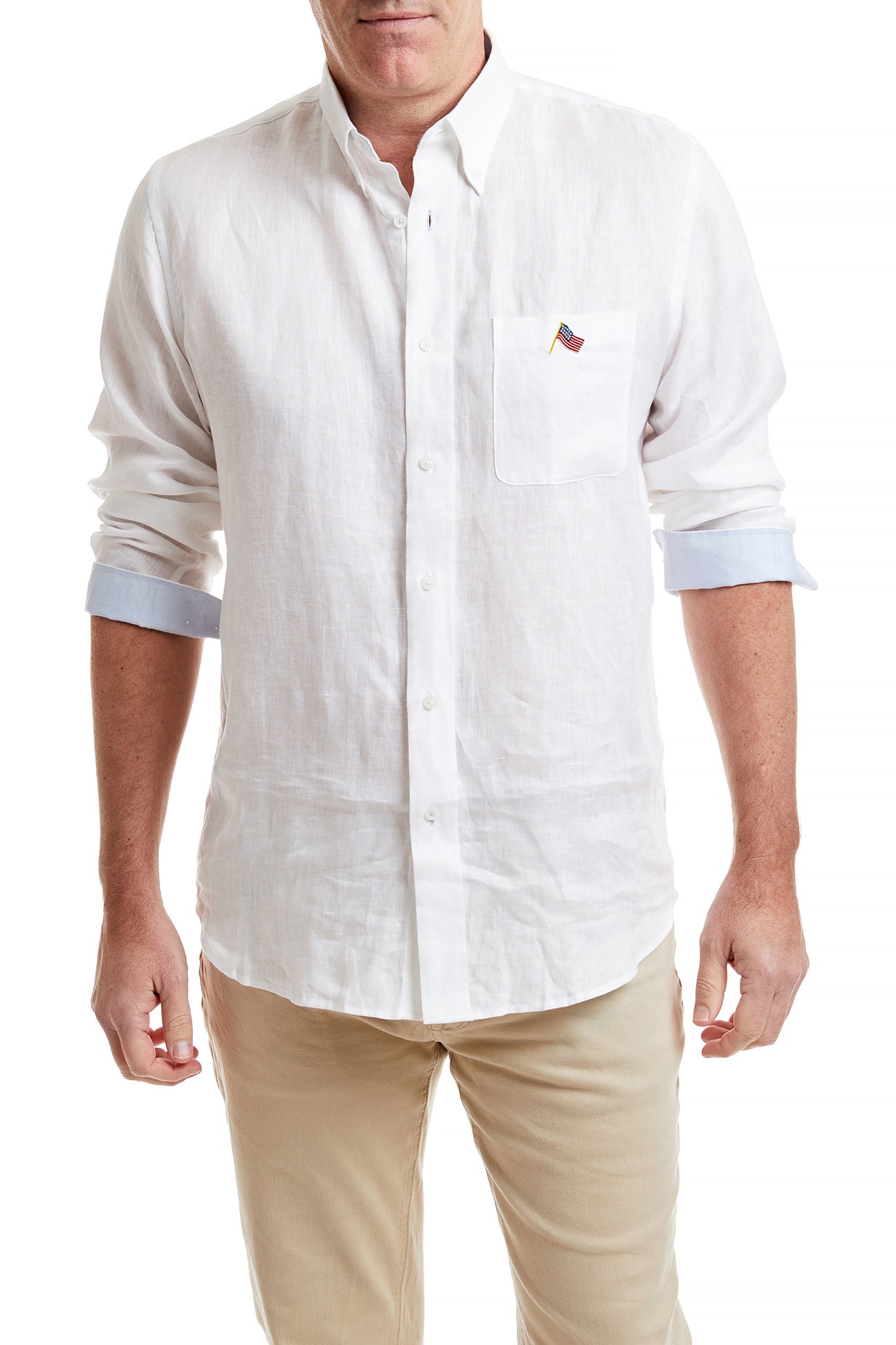Men's Linen Chase Shirt - White with Powder Blue Trim & USA Flag Design - Perfect for Summer Outfits, Casual Wear, and Patriotic Events