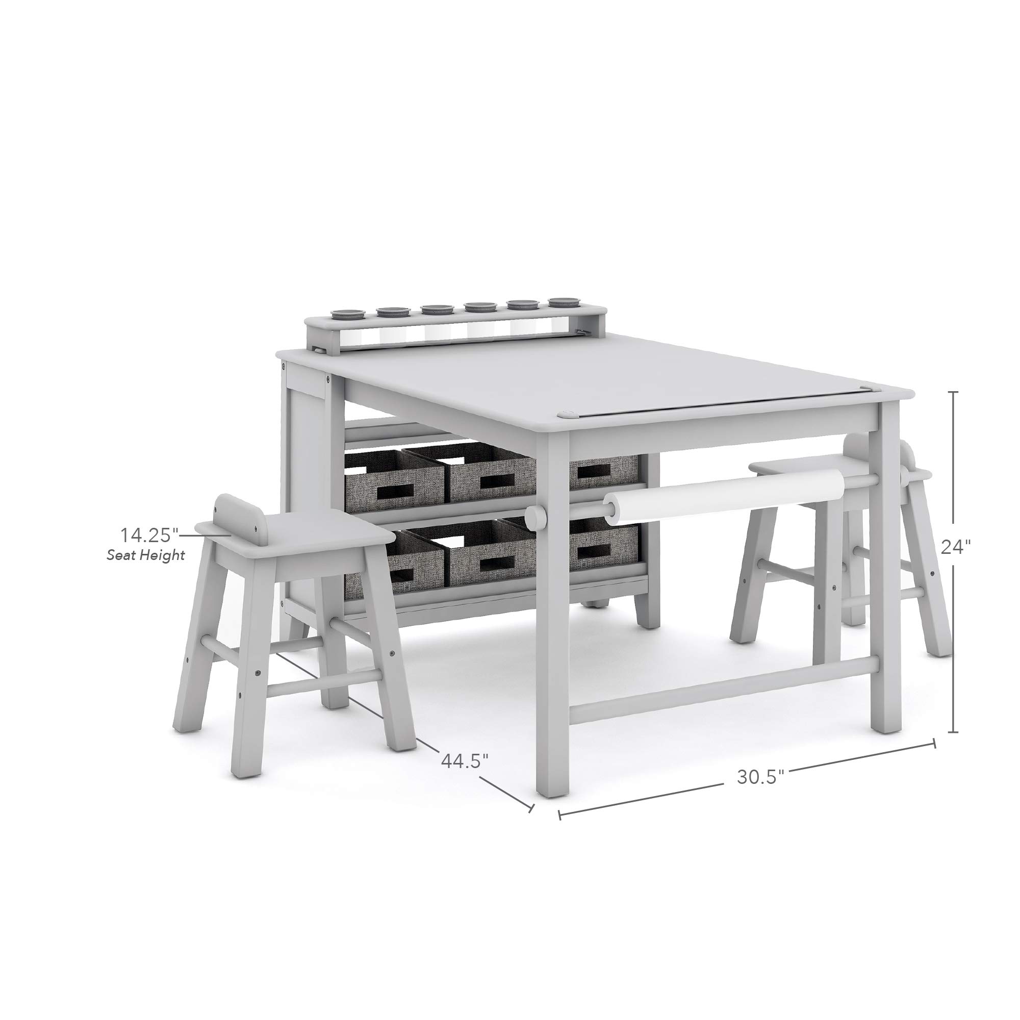 Martha Stewart Kids' Art Table and Chairs Set - Wooden Play Table for Arts & Crafts, Coloring Desk with Storage Bins & Paper Roll | Perfect for Playrooms, Homeschooling & Creative Activities | Gray