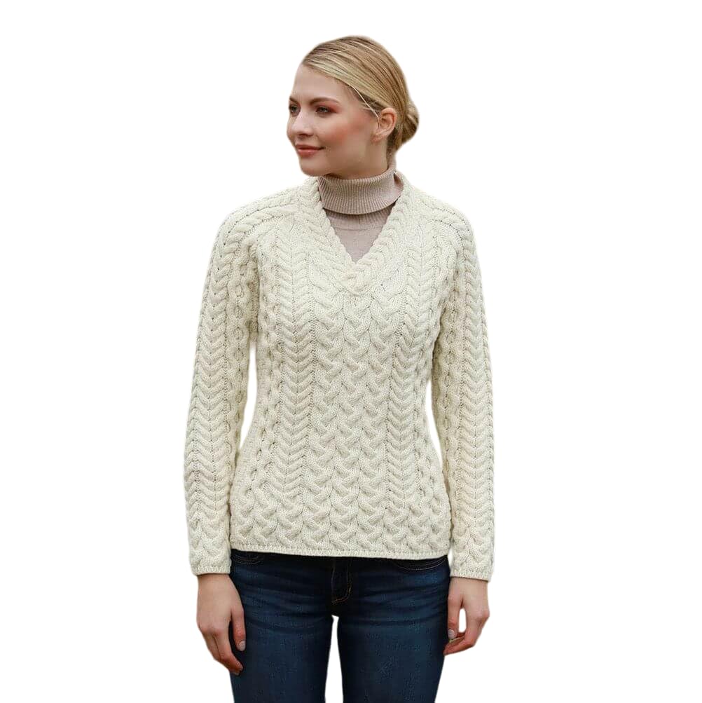 Authentic Irish Women's Sweater - 100% Merino Wool Cable Knit V-Neck Pullover Made in Ireland | Warm Winter Fashion, Casual Outfit & Holiday Gift for Her