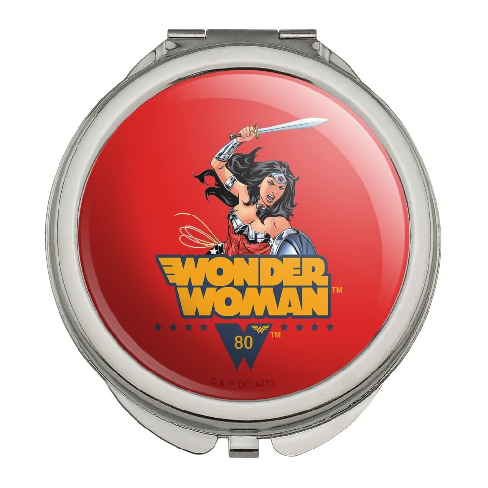 Wonder Woman 80th Anniversary Red Leather Compact Travel Purse - Small Crossbody Handbag with Mirror for Makeup | Perfect for Cosplay, Comic Con & Superhero Fans