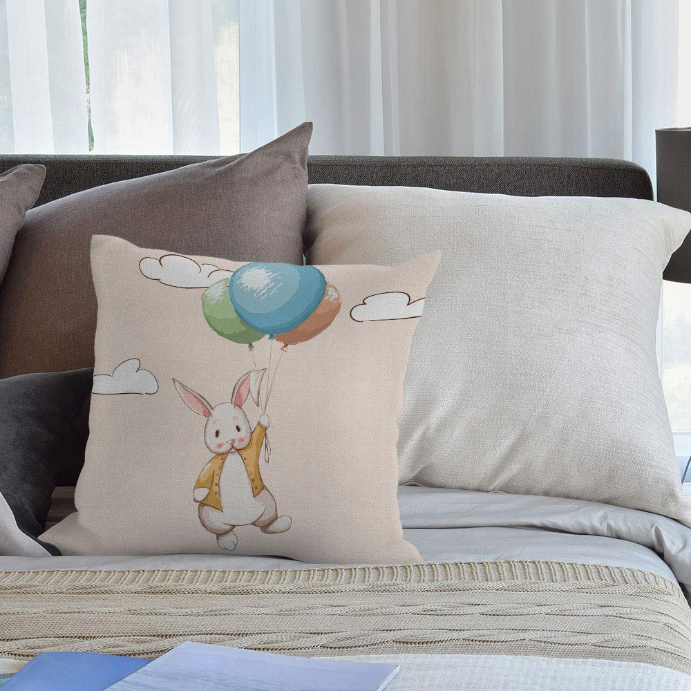 HGOD DESIGNS Rabbit Throw Pillow Covers 16x16 Inch - Cute Cartoon Bunny Flying with Balloons Home Decor for Sofa, Bed, Living Room | Perfect for Nursery, Kids Room & Cozy Gift Ideas