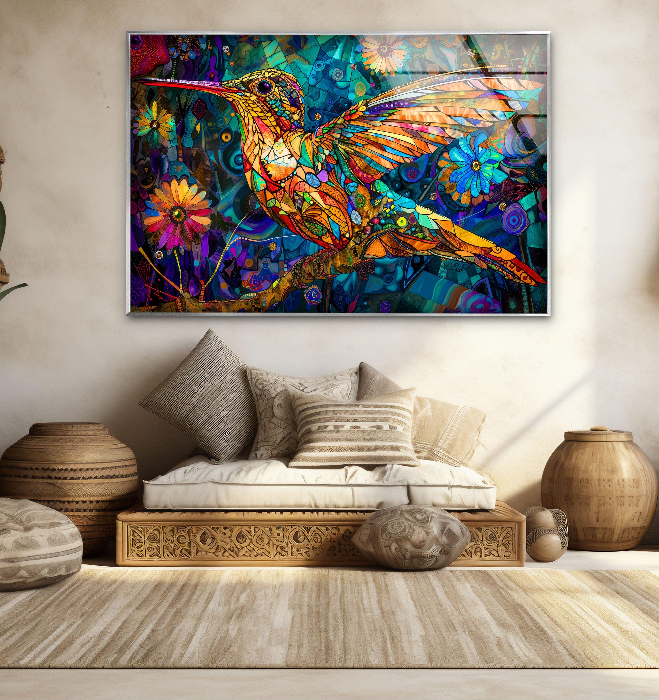 Vibrant Hummingbird Glass Wall Art - Handcrafted Decorative Piece for Living Room, Bedroom, or Office Decor