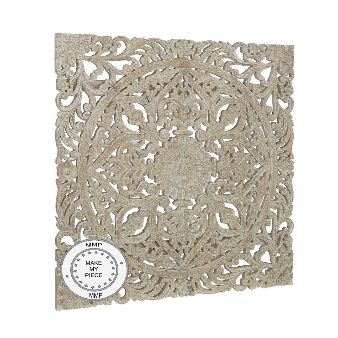 Hand Carved Indian Solid Wood Panel Bed Headboard - White | Elegant Dynasty Design for Master Bedroom & Guest Room Decor