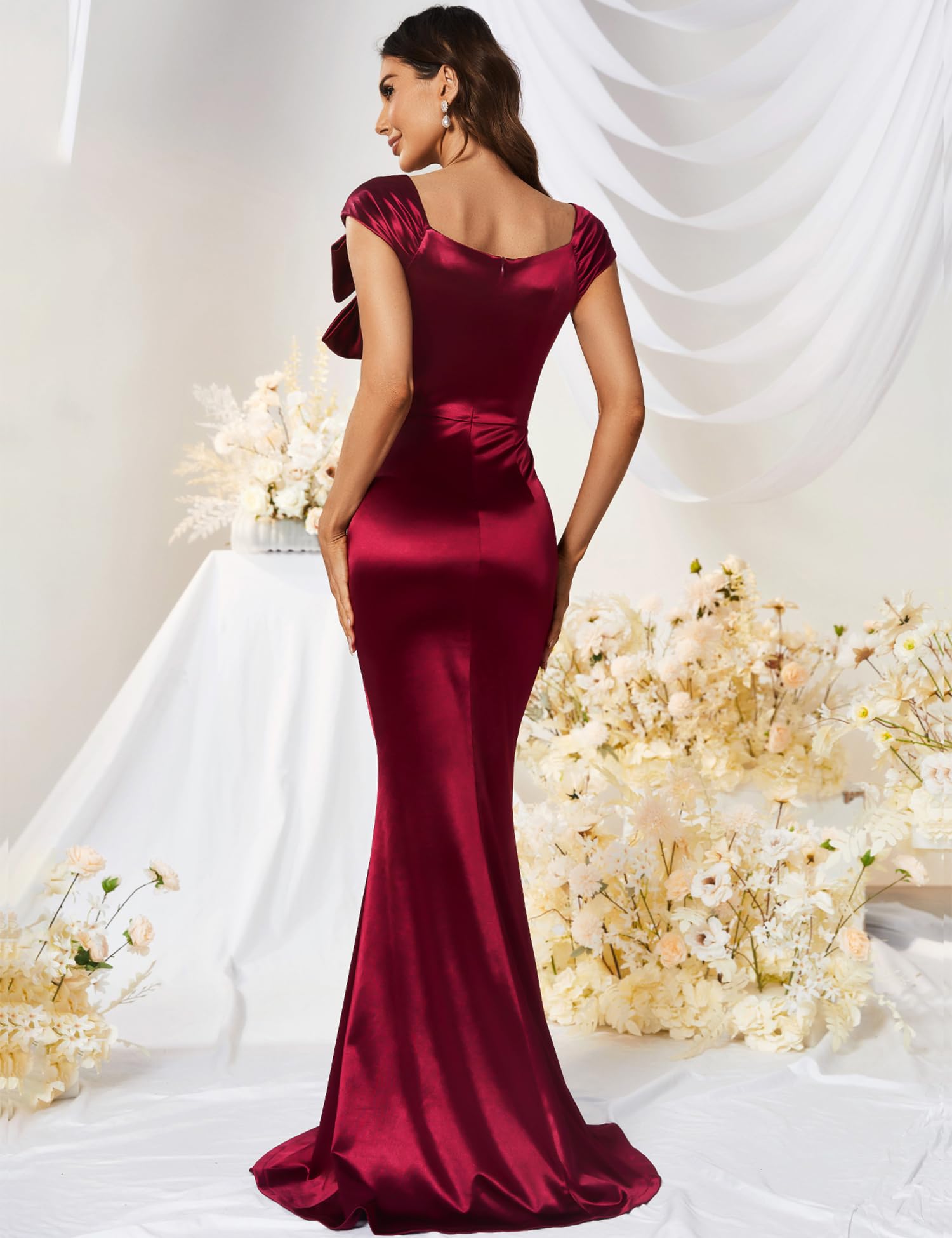 MUXXN Women's 50s Retro Cap Sleeve Square Neck Satin Evening Dress - Vintage Cocktail Party & Wedding Guest Maxi Dress for Formal Occasions, Prom, Gala & Special Events