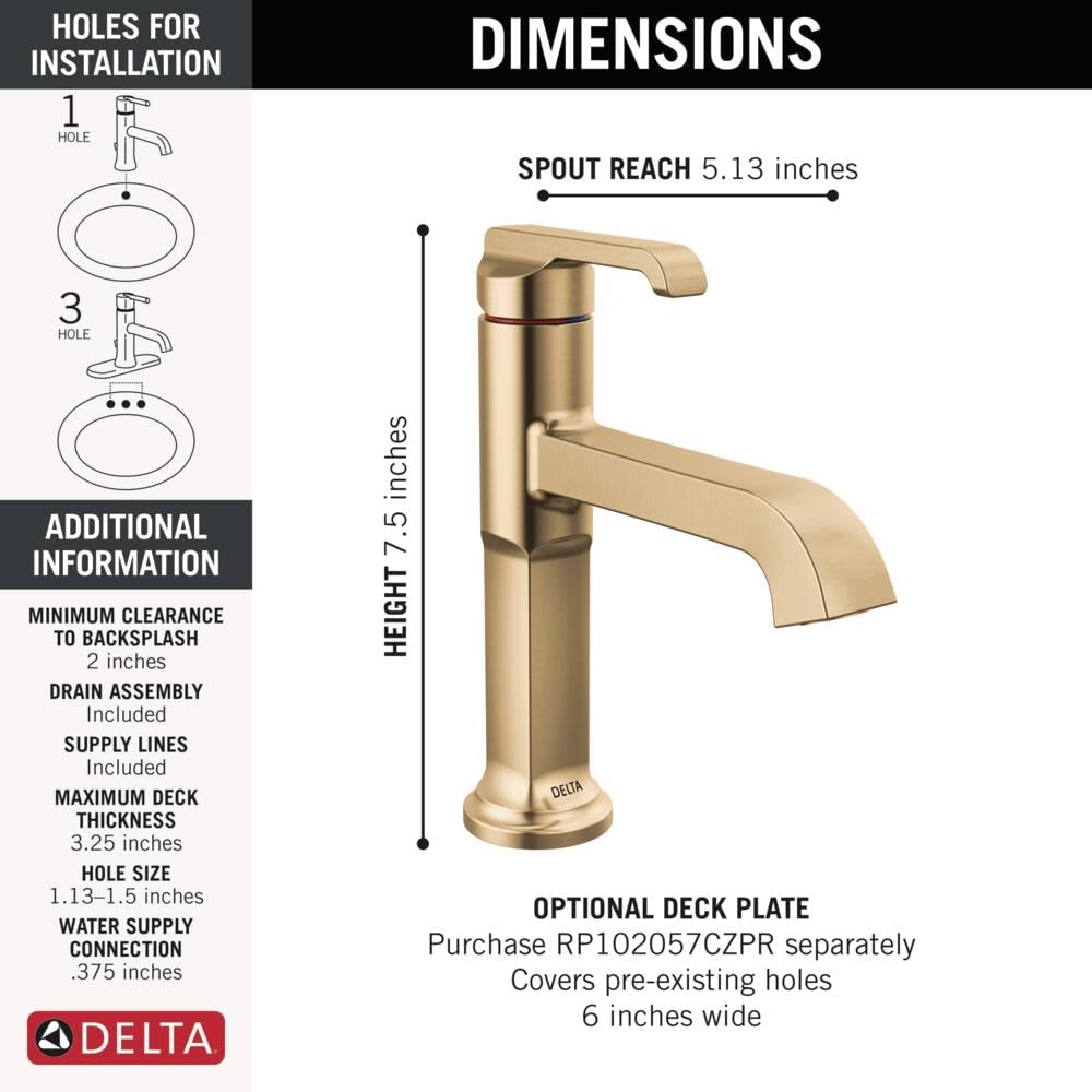 Delta Faucet Tetra Gold Single Hole Bathroom Faucet with Diamond Seal Technology - Champagne Bronze Finish - Single Handle Bathroom Sink Faucet with Metal Drain Assembly - Perfect for Modern Bathroom Vanities and Powder Rooms