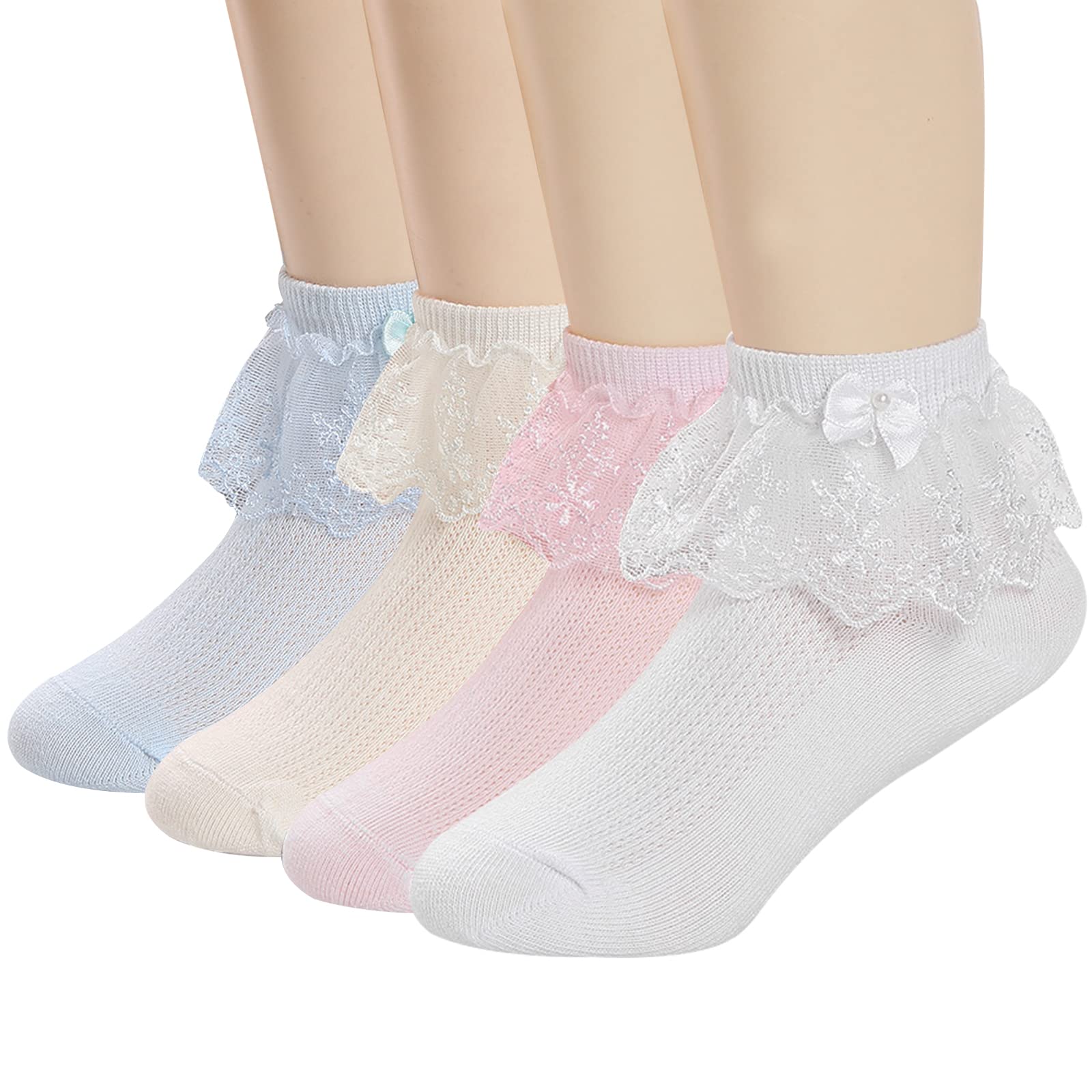 4/6 Pack Baby Toddler Girls Ruffle Socks - White Lace Frilly Princess Ankle Socks | Soft Cotton Eyelet Dress Socks for Little Girls | Perfect for Parties, Weddings & Special Occasions