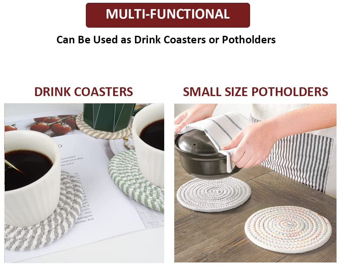 Handmade Braided Super Absorbent Drink Coasters - 6 Pack (4.3 Inch Round, 8mm Thick) Heat-Resistant Beverage Coasters for Coffee, Wine & Cocktails - Perfect Housewarming Gift (Mixed Gray) - Ideal for Dining Tables, Coffee Bars & Home Decor