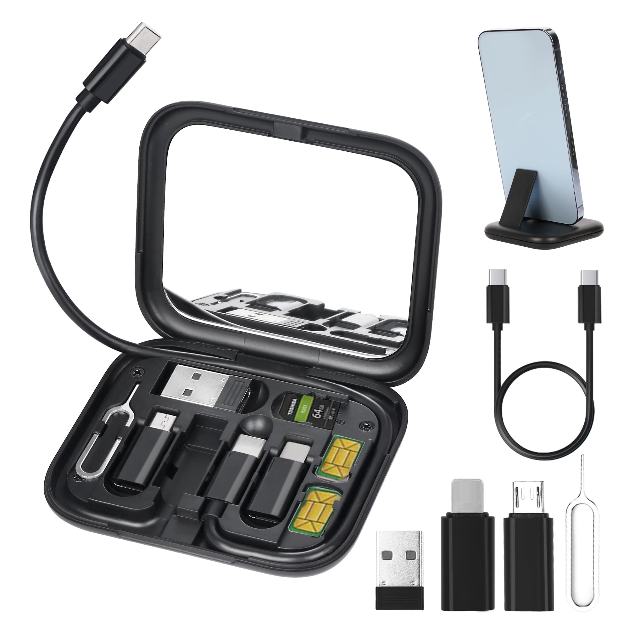 Evron USB C Adapter OTG - 3-in-1 Multi Charging Cable Converter with USB A to Micro USB, Type C to Micro USB - Fast Data Transfer, Includes SIM Card Pin & Phone Holder (Black) - Perfect for Travel, Office & Home Charging Solutions