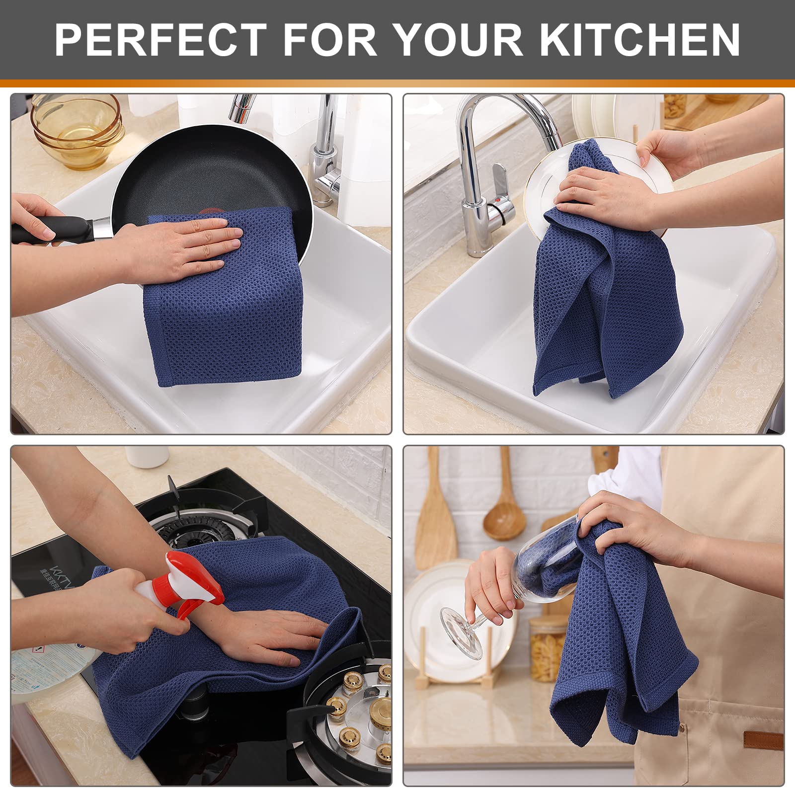 Kitinjoy 100% Cotton Waffle Weave Kitchen Towels - Ultra Soft & Absorbent Dish Cloths (4-Pack, 13x28 Inches, Navy Blue) for Drying Dishes, Cleaning Countertops & Hand Drying - Perfect for Kitchen, Bathroom & Household Use