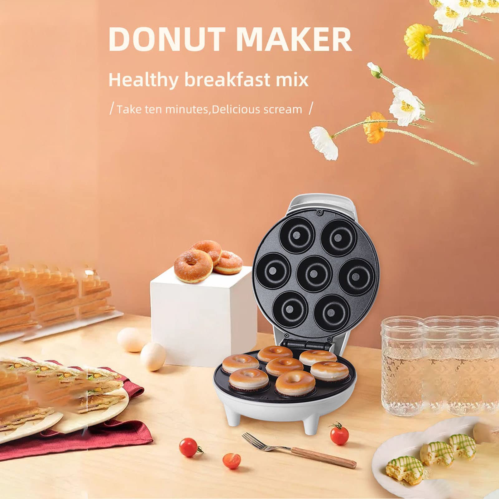 Non-Stick Electric Donut Maker Machine - Makes 7 Mini Donuts at Home | Perfect for Breakfast, Snacks, Desserts & Party Treats | Compact Donut Hole Maker for Quick & Easy Baking