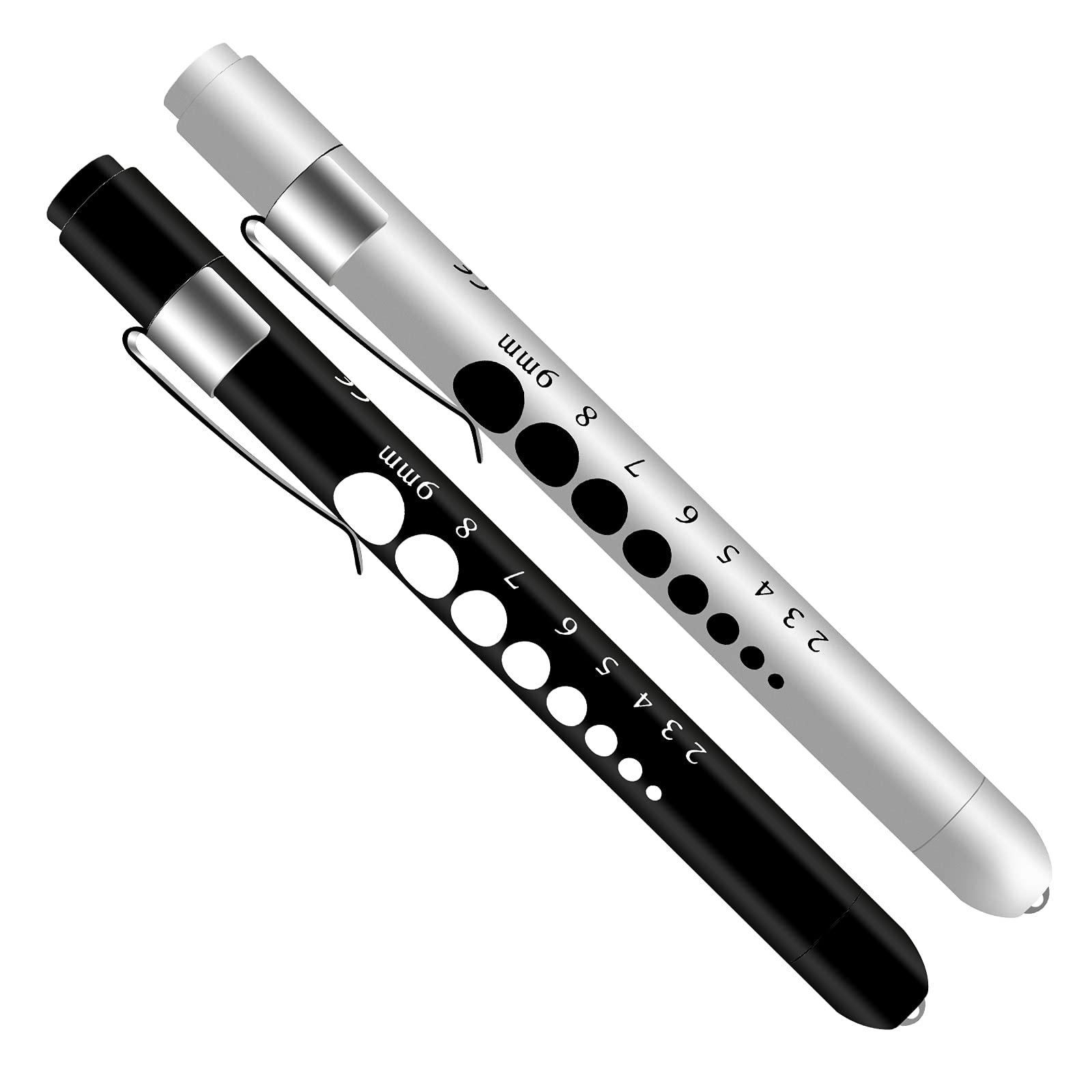 2 Pack LED Pen Light for Nurses & Medical Professionals - Reusable White Light with Pupil Gauge & Ruler (Black & Silver) - Perfect for Eye Exams, Emergency Kits & Clinical Use