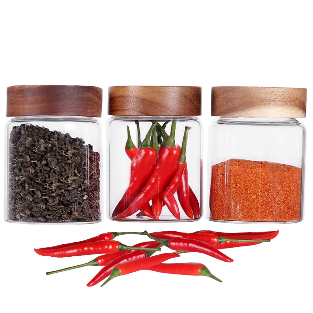 SAIOOL 3-Pack Airtight Glass Food Storage Jars with Acacia Wood Lids - Spice Containers for Sugar, Salt, Coffee, Cookies & Spices | Perfect for Kitchen Organization, Pantry Storage & Travel Gear
