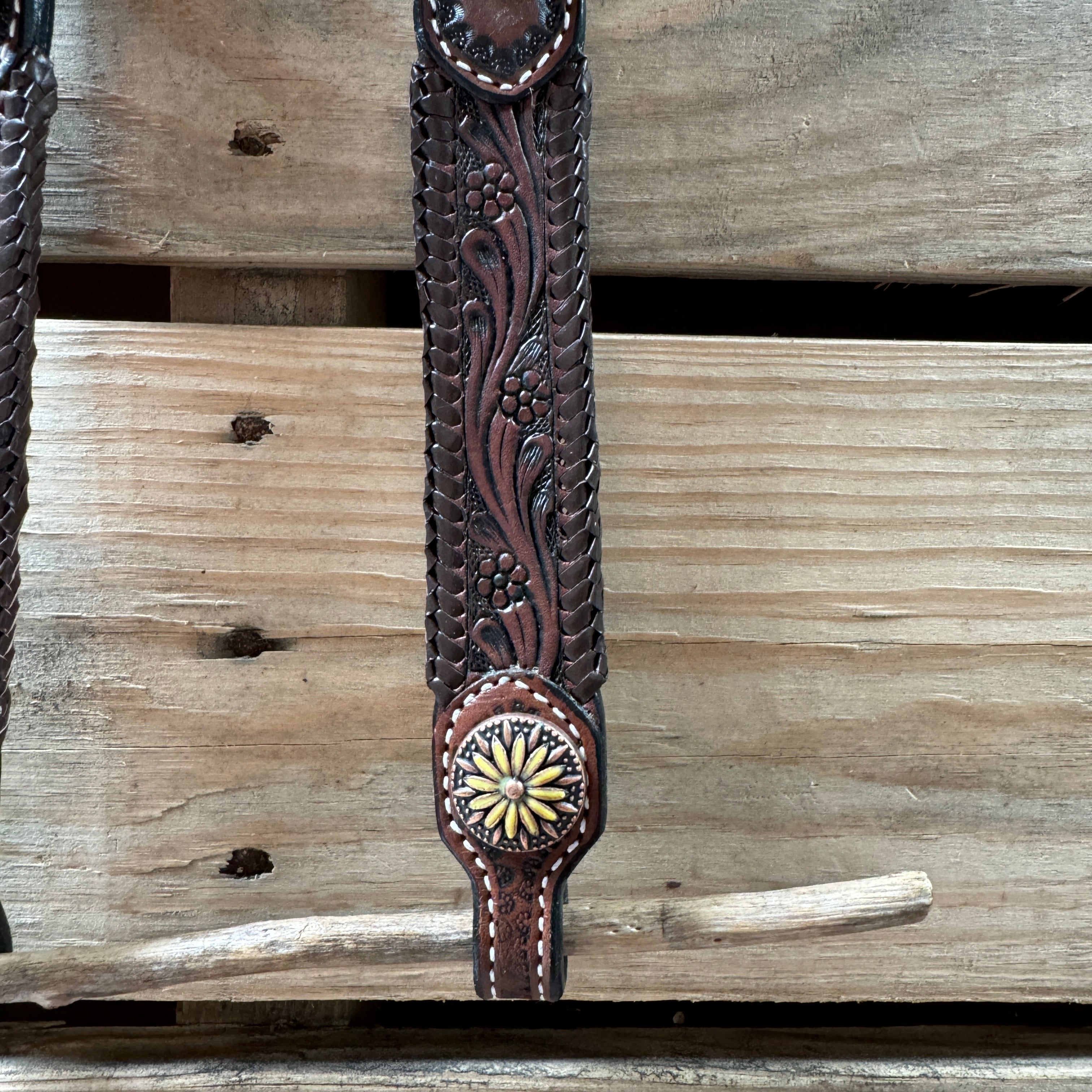 Premium Dark Oil Braided Sunflower Browband & One-Ear Breastcollar Tack Set for Horses - Durable Equestrian Riding Gear for Show, Trail & Dressage | Model #BBBC649