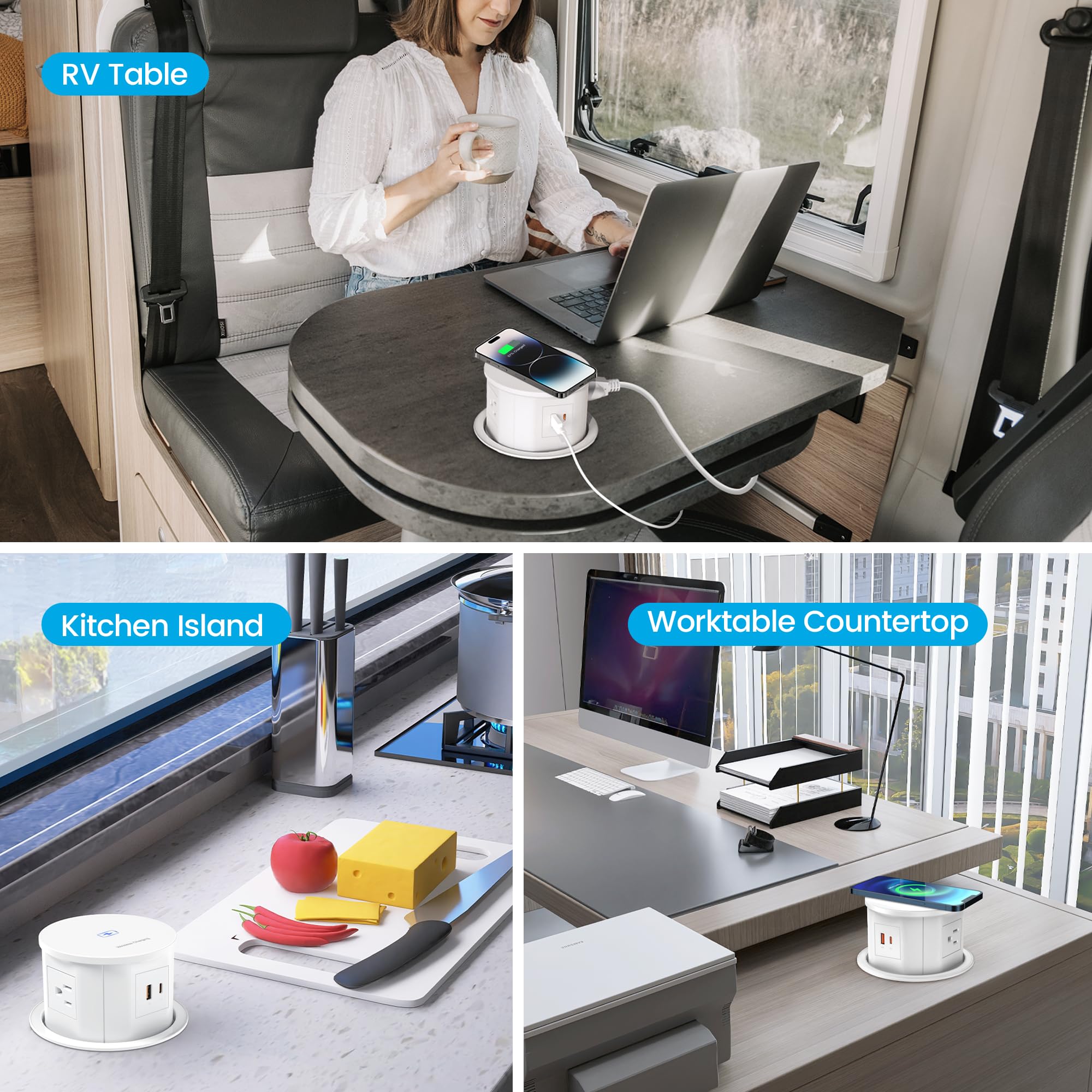15W Wireless Charger Pop Up Outlet with 4 AC Outlets & 20W PD USB Fast Charging - 4.75 Inch Desk Power Grommet with 6FT Cord for Office, Conference Room, Kitchen, Home and Workspace Use