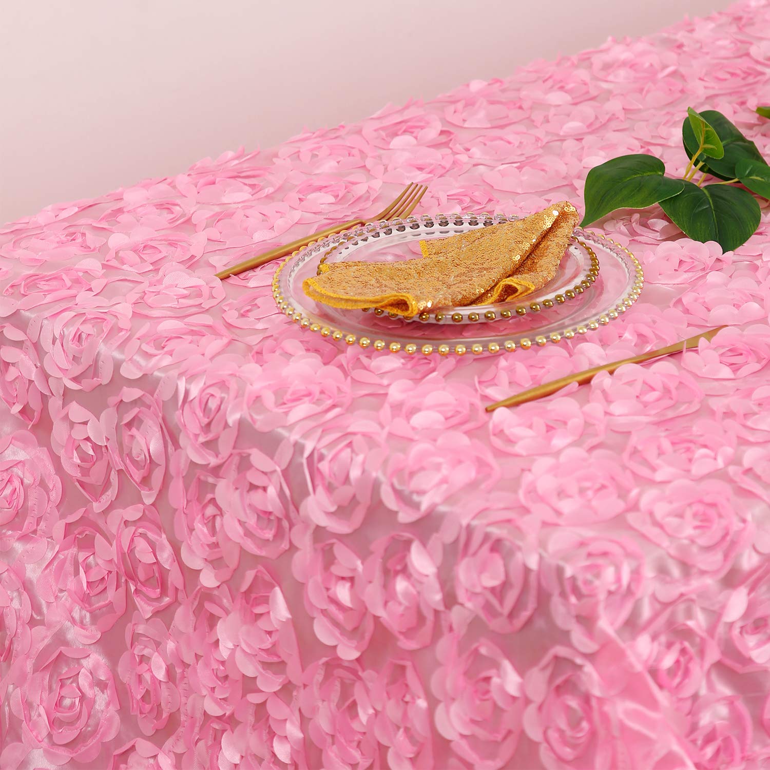 Fanqisi Pink Rosette Tablecloth 50x80 Inches - 3D Satin Rectangle Table Cover for Wedding, Birthday Party, Reception - Elegant Dining Table Decoration for Home & Event Decor