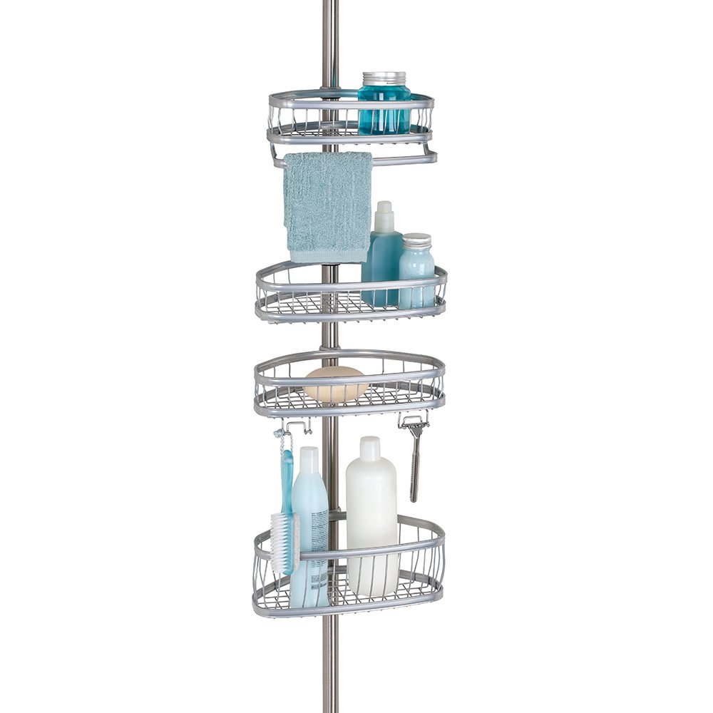 iDesign York Adjustable Metal Wire Tension Rod Corner Shower Caddy - 5' to 9' Pole with Storage Baskets for Shampoo, Conditioner & Soap - Includes Hooks for Razors & Towels - Space-Saving Silver Shower Organizer for Bathroom & Small Spaces