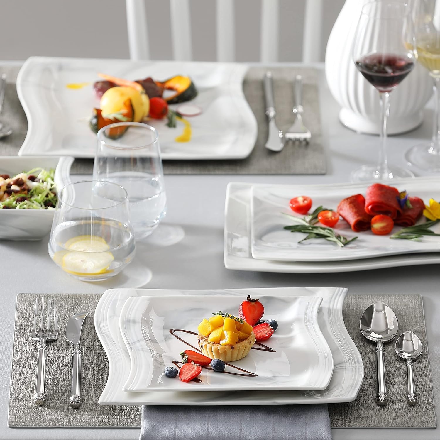 MALACASA 26-Piece Porcelain Dinnerware Set for 6 People - Square Plates, Bowls & Serving Dishes - Elegant Marble-Look Tableware (Flora Series) - Perfect for Family Dinners, Dinner Parties & Holiday Entertaining